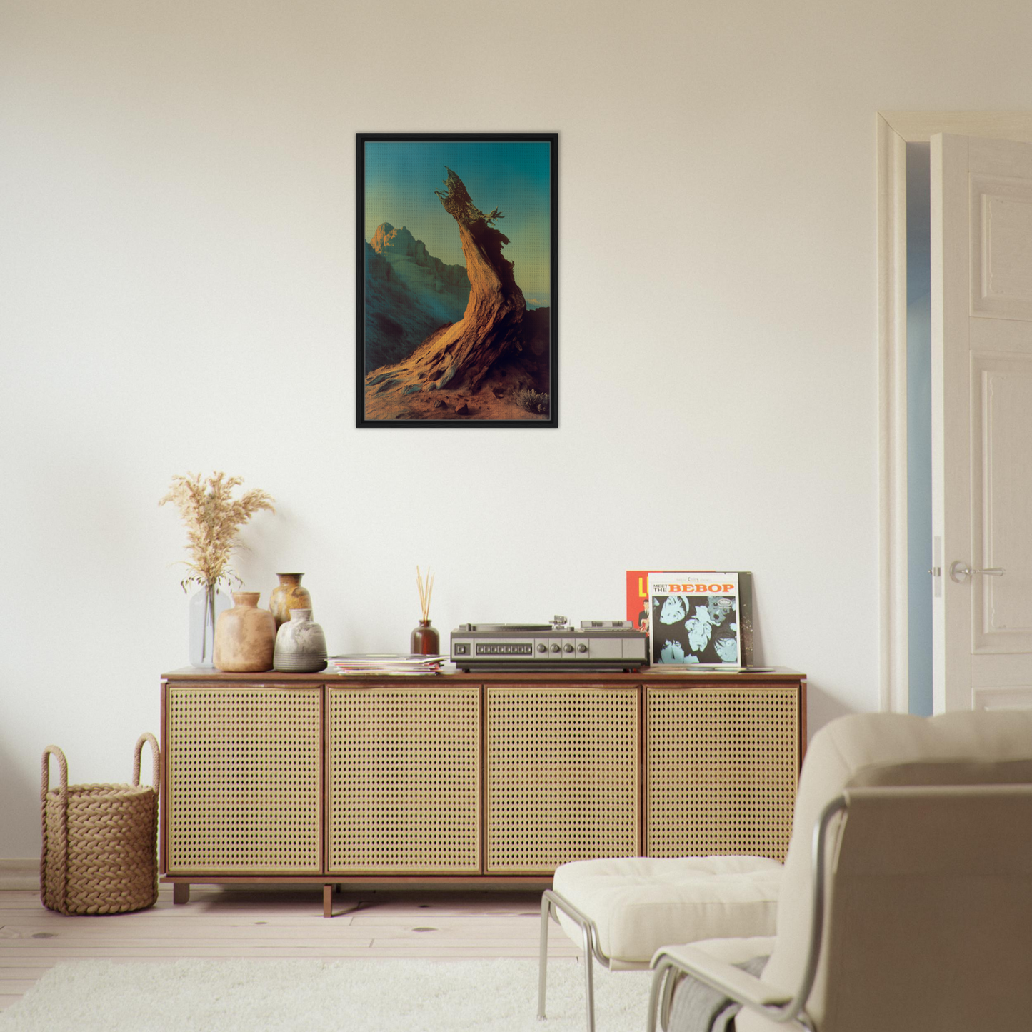 Wooden sideboard with rattan doors and decor, part of Enduring Sentinel’s Waltz collection