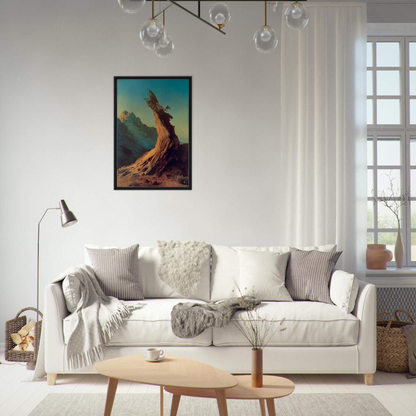 White sofa adorned with throw pillows and blankets from Enduring Sentinel’s Waltz