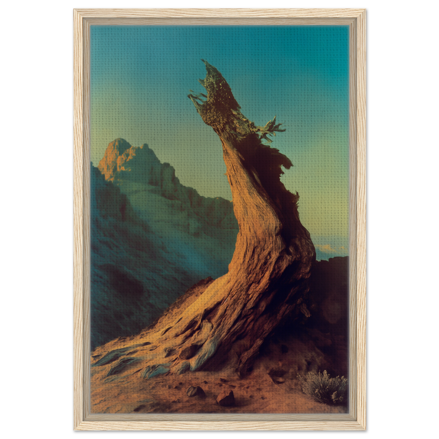 Gnarled tree stump against a colorful sky in Enduring Sentinel’s Waltz framed canvas print