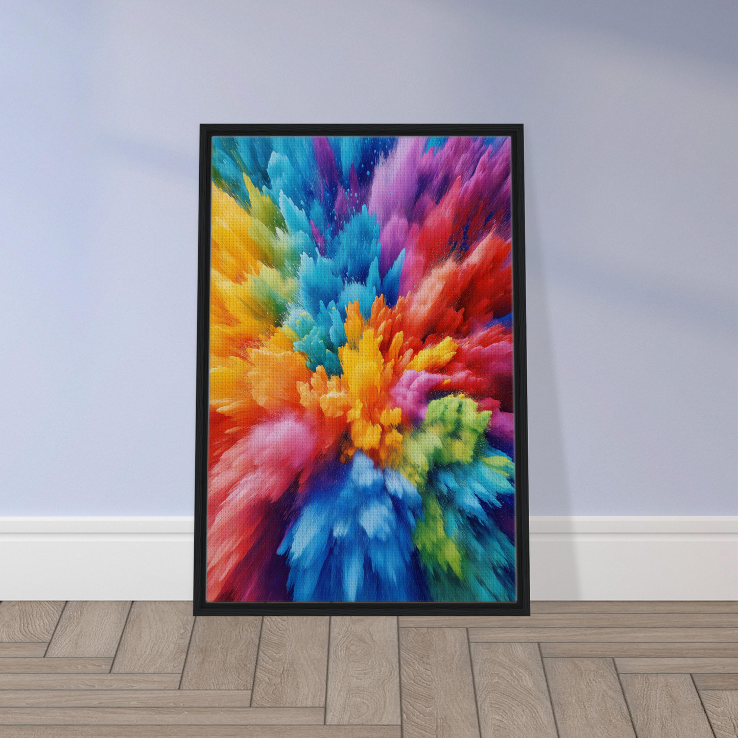 Framed abstract artwork titled Energetic Hue Symphony, featuring vibrant paint splatters for room decor