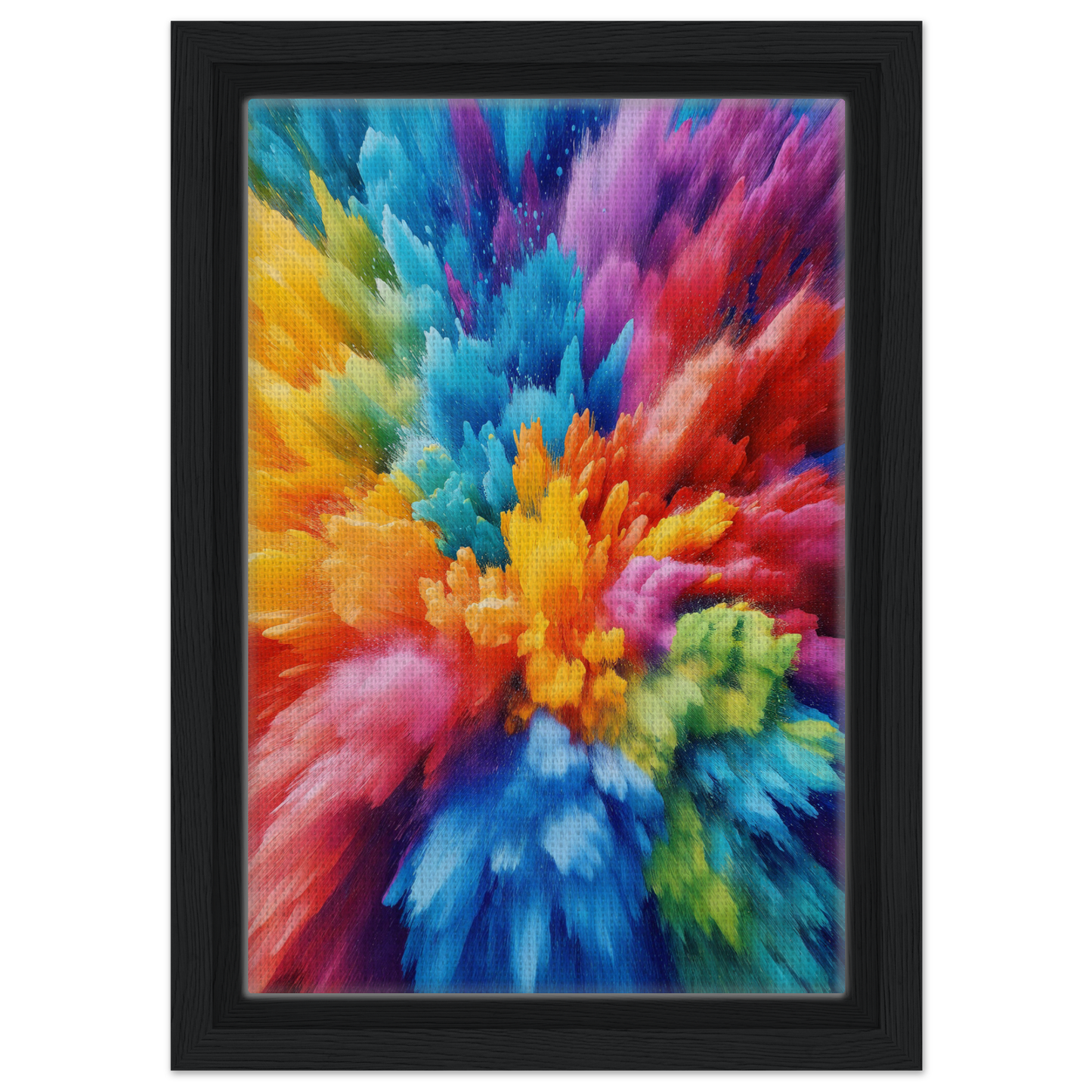 Vibrant abstract paint splashes in black frame, part of Energetic Hue Symphony room decor