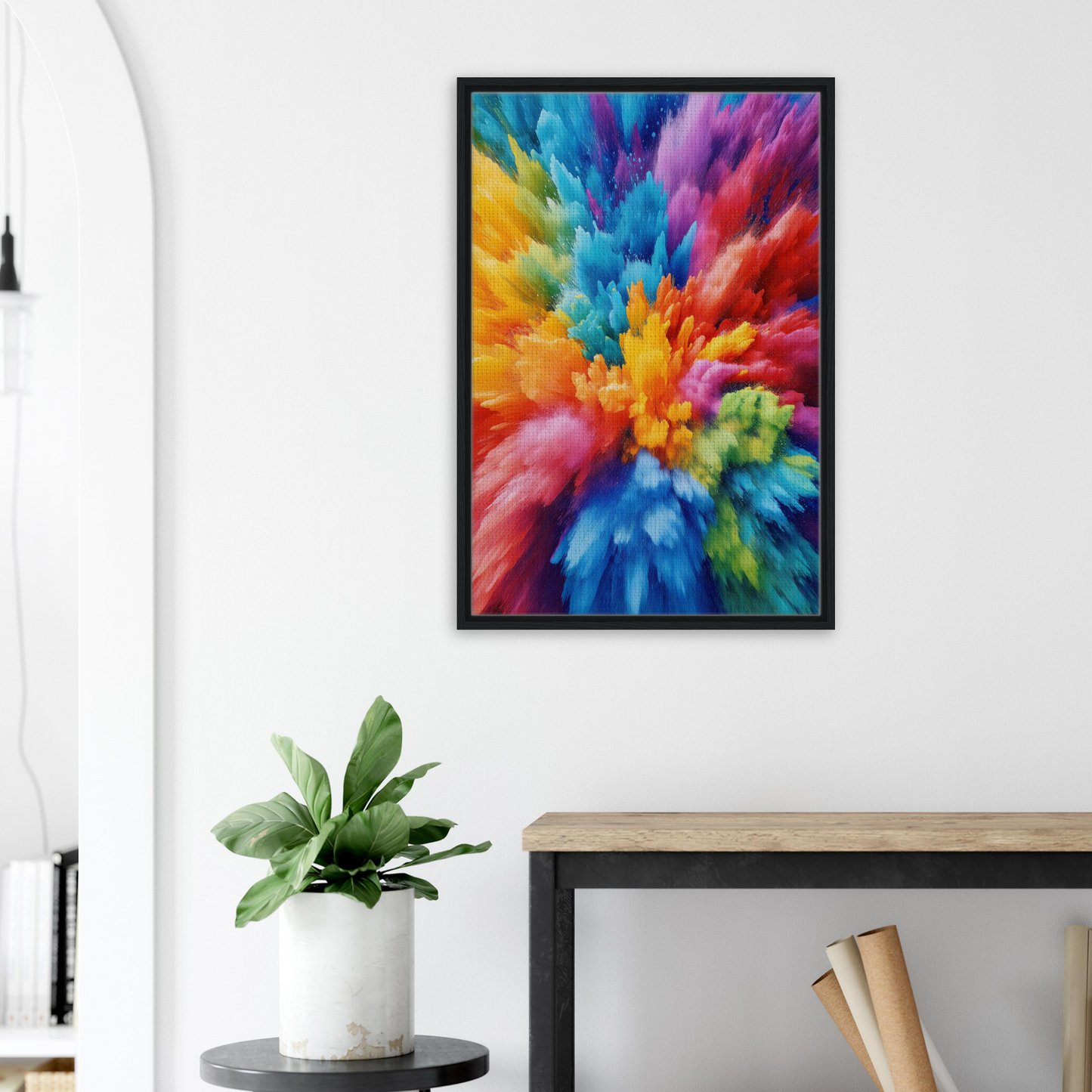 Vibrant abstract painting in a black frame, Energetic Hue Symphony by Fashion Oracle™