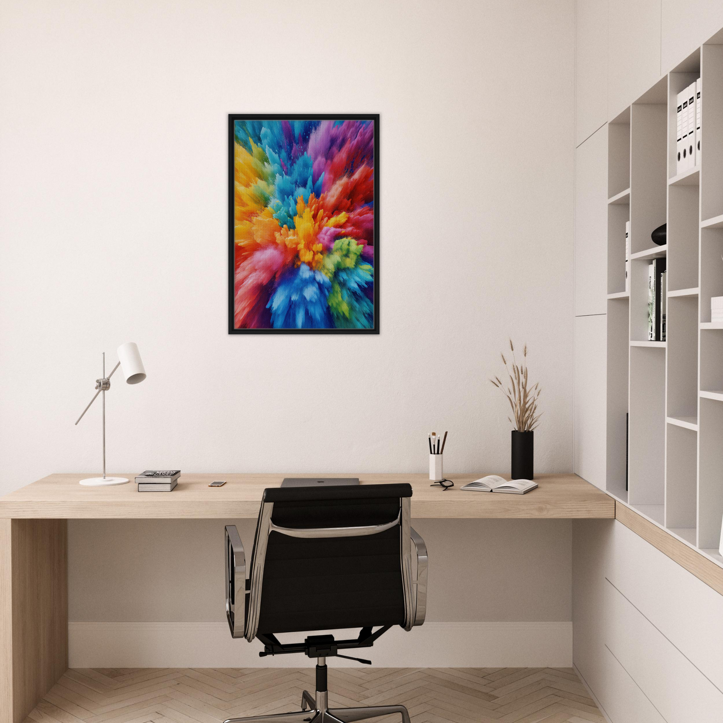 Vibrant abstract painting of explosion pattern in black frame, Energetic Hue Symphony room decor