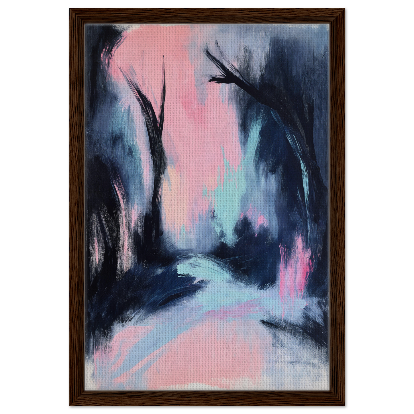 Abstract painting with swirling brushstrokes in pink, blue, and black for Enigmatic River Dream