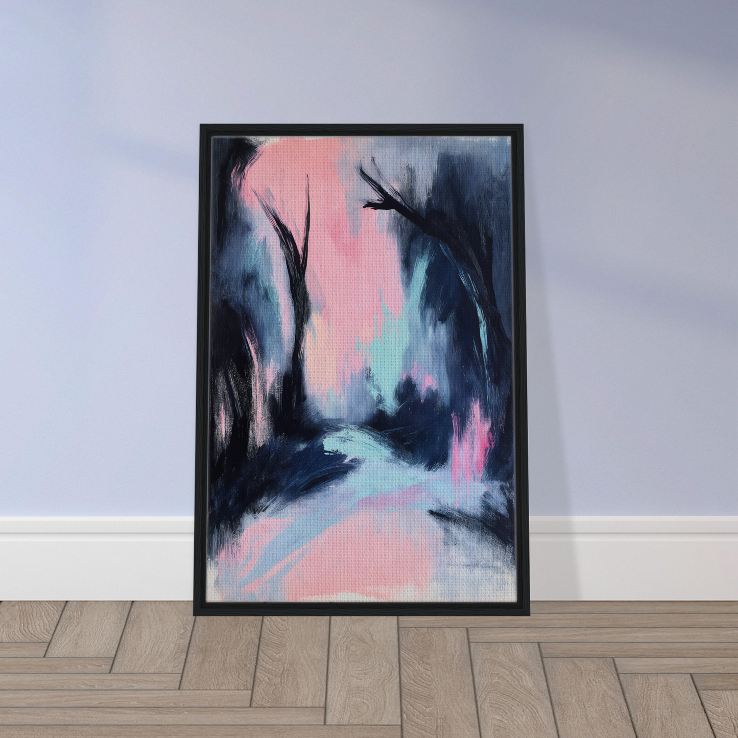 Framed abstract painting titled Enigmatic River Dream with swirling dark and pastel colors