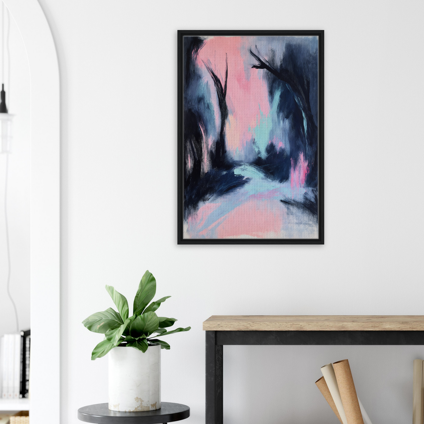 Abstract painting with swirling blue, pink, and black brushstrokes in Enigmatic River Dream framed canvas print