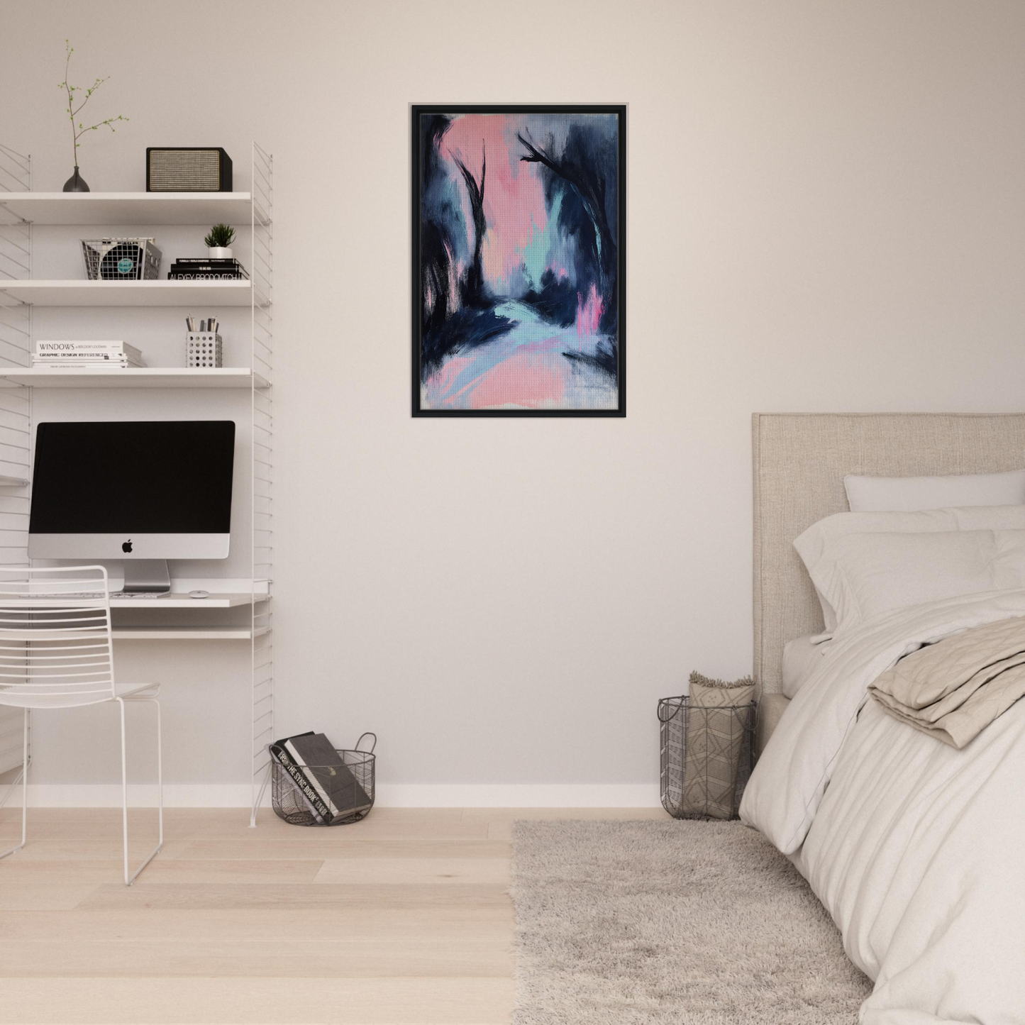 Abstract painting in blue and pink hues representing Enigmatic River Dream forest scene