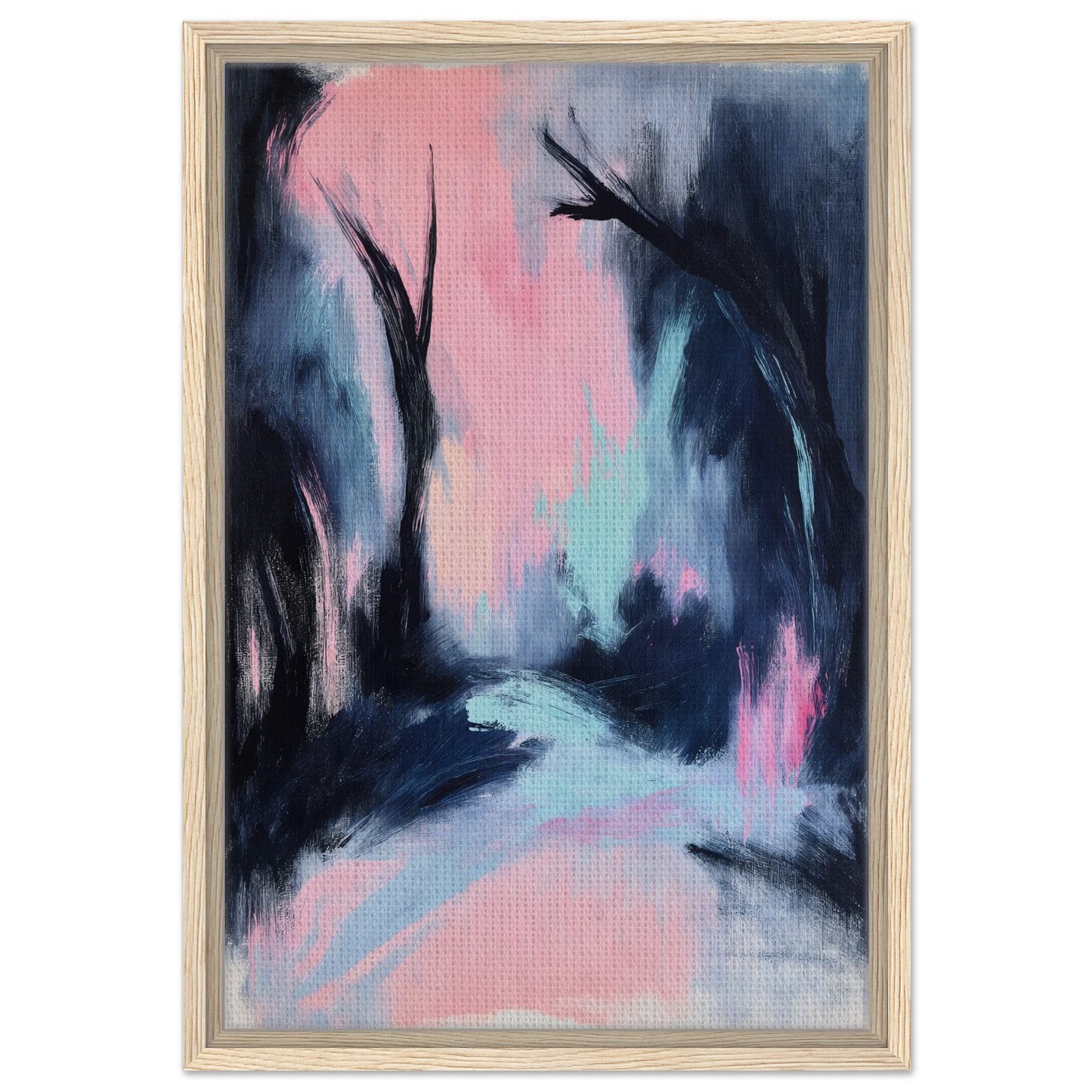 Abstract painting of dark silhouettes on pastel background, Enigmatic River Dream for stylish room decor