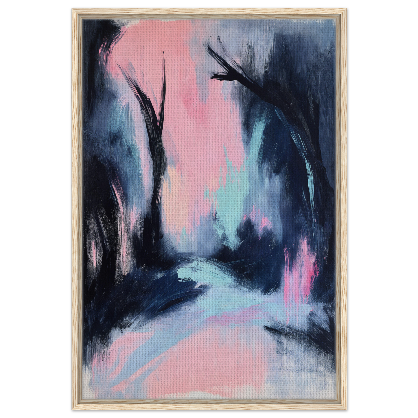 Abstract painting of dark silhouettes on pastel background, Enigmatic River Dream room decor