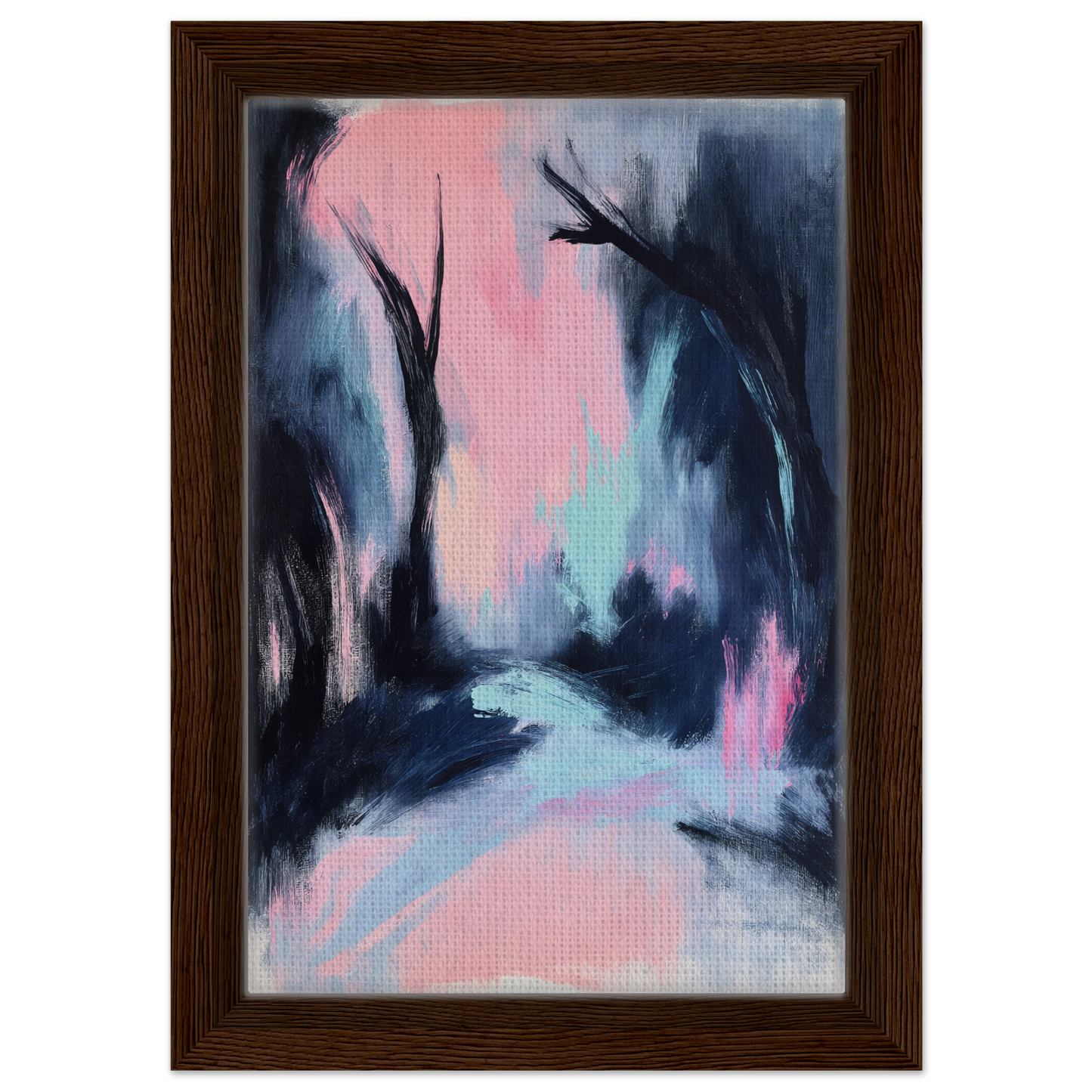 Abstract painting of a moody forest in pink and blue hues for Enigmatic River Dream