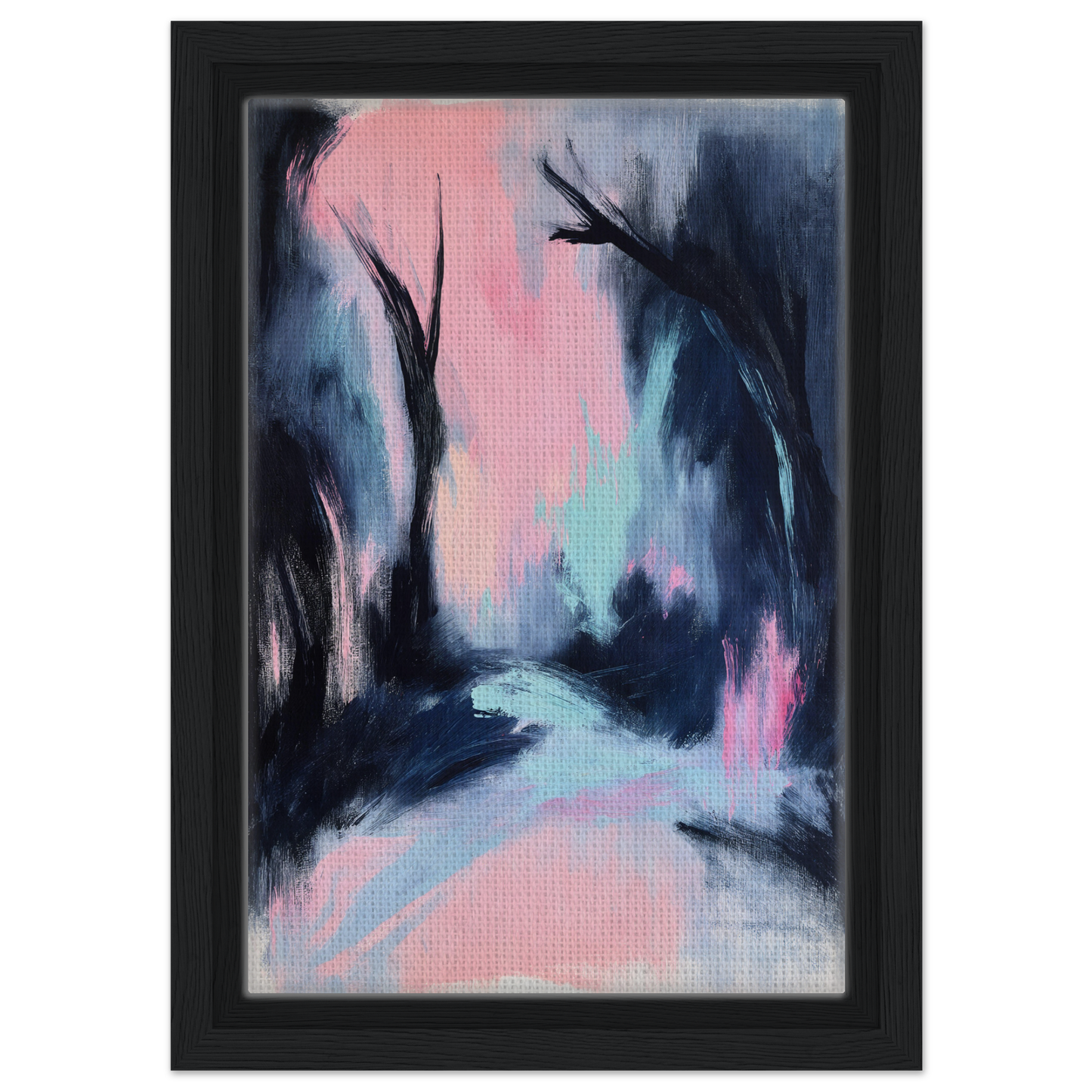 Abstract painting of a dreamlike forest in pink and blue hues for Enigmatic River Dream room decor