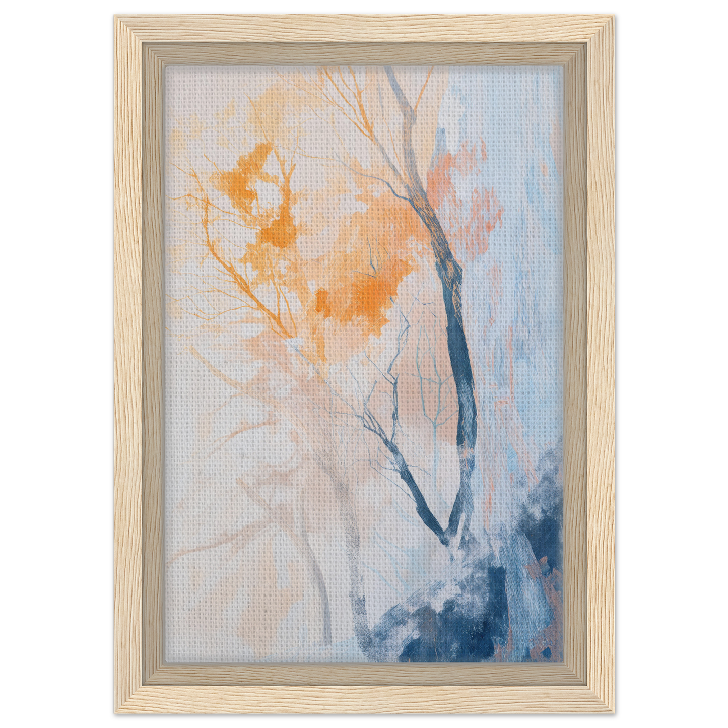 Framed canvas print of Ephemeral Arboreal Reverie featuring trees in orange and blue tones