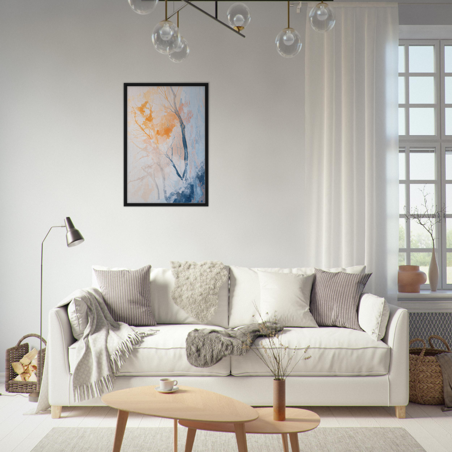 White sofa adorned with throw pillows and blankets in Ephemeral Arboreal Reverie style