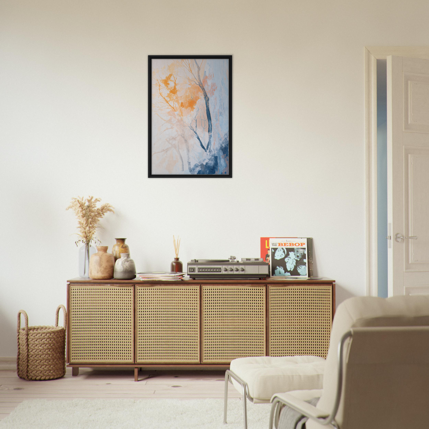 Wooden sideboard with cane-webbed doors for elegant room decor, Ephemeral Arboreal Reverie