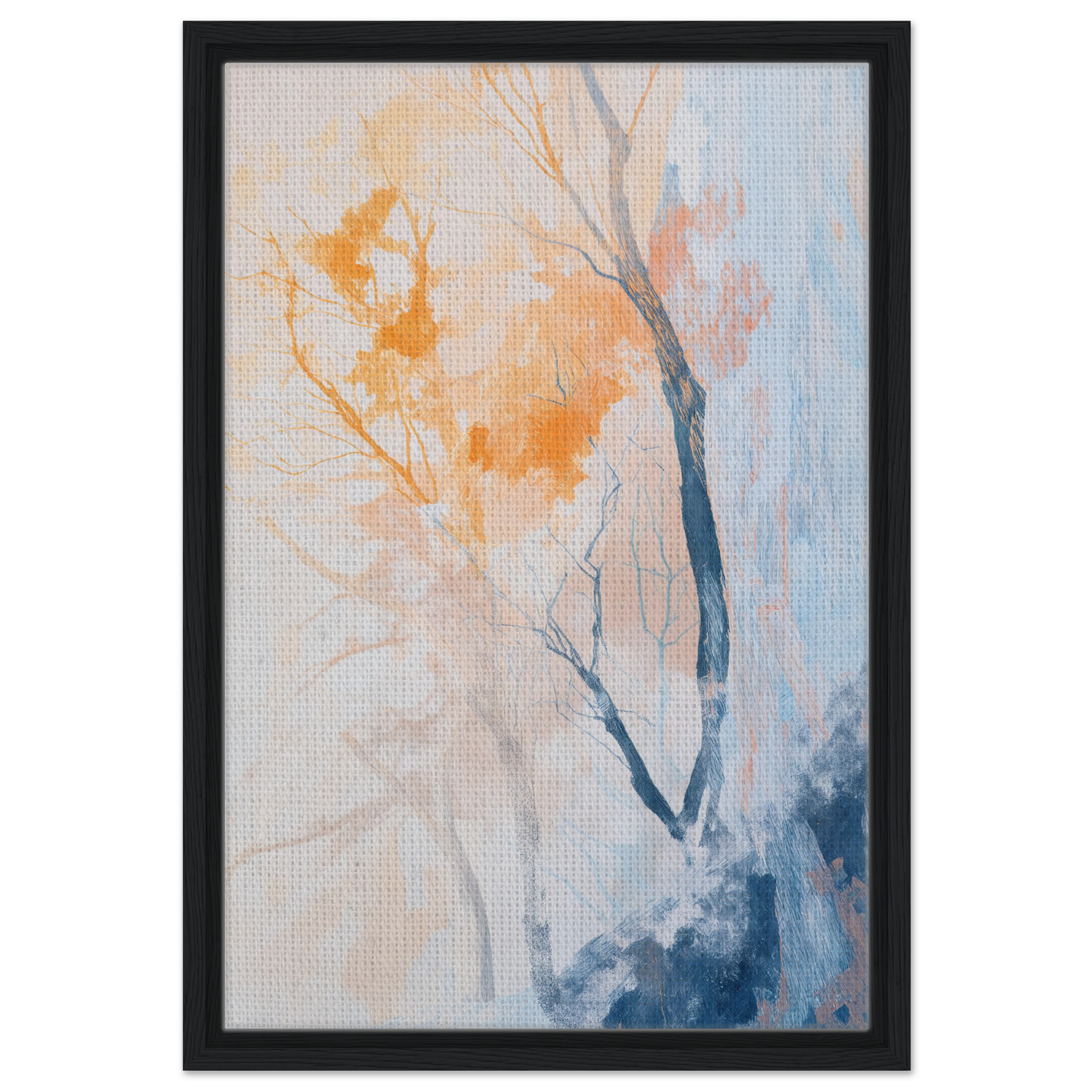 Abstract painting of trees in orange and blue tones, perfect for Ephemeral Arboreal Reverie room decor