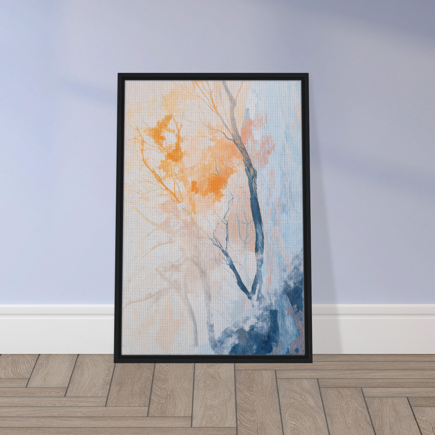 Framed canvas print of Ephemeral Arboreal Reverie in soft orange and blue tones
