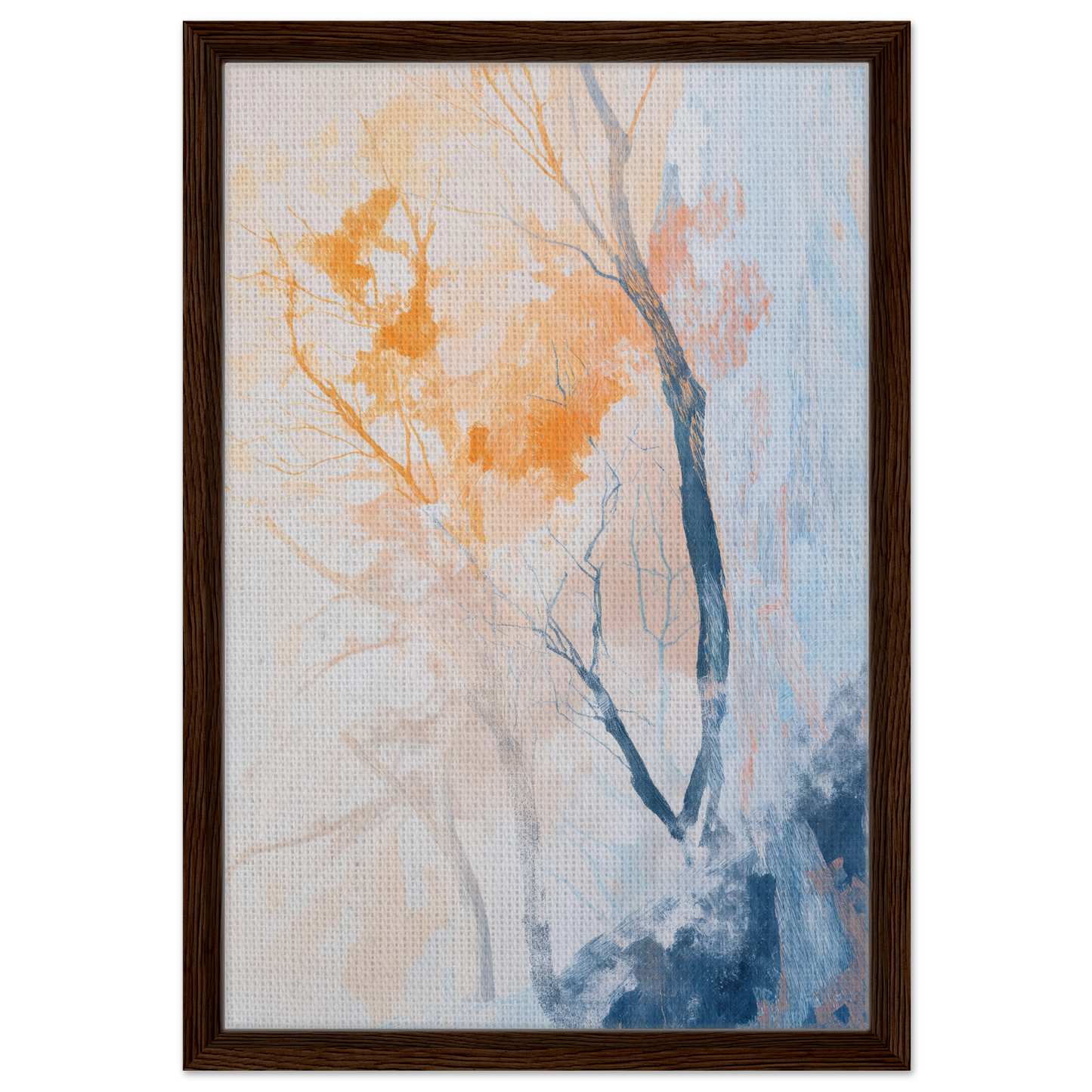 Framed abstract painting of trees with orange foliage and blue tones for Ephemeral Arboreal Reverie room decor