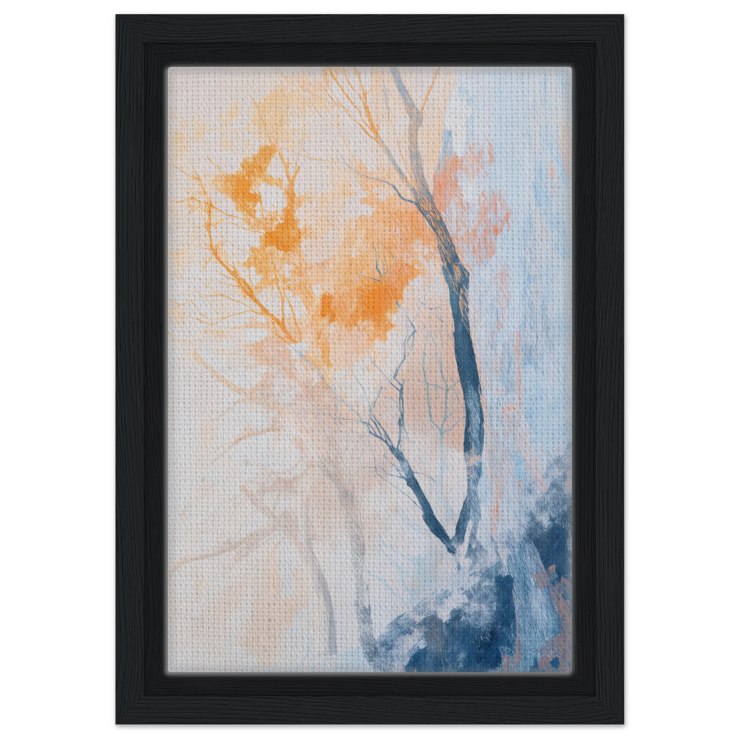 Abstract painting of trees with orange foliage in blue tones, Ephemeral Arboreal Reverie framed canvas print