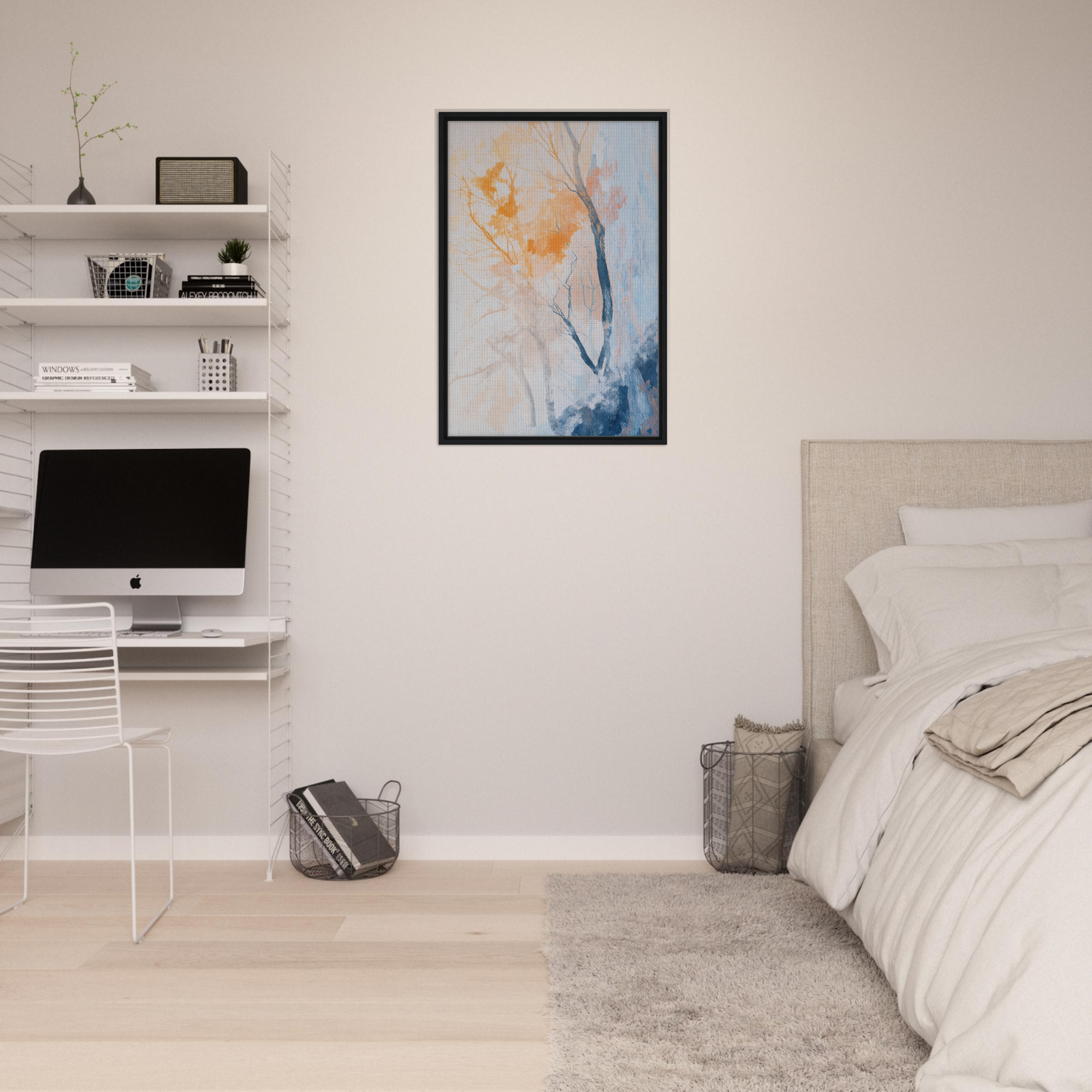 Minimalist bedroom featuring Ephemeral Arboreal Reverie framed canvas print on white walls