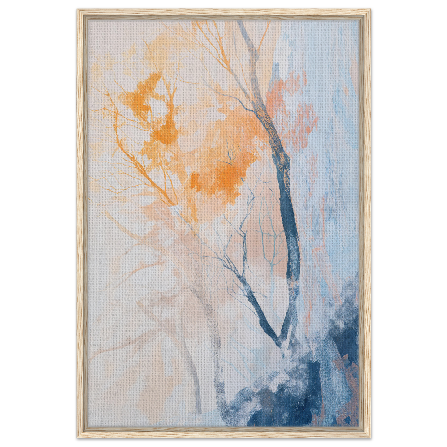 Abstract painting in soft orange and blue tones for Ephemeral Arboreal Reverie framed canvas print