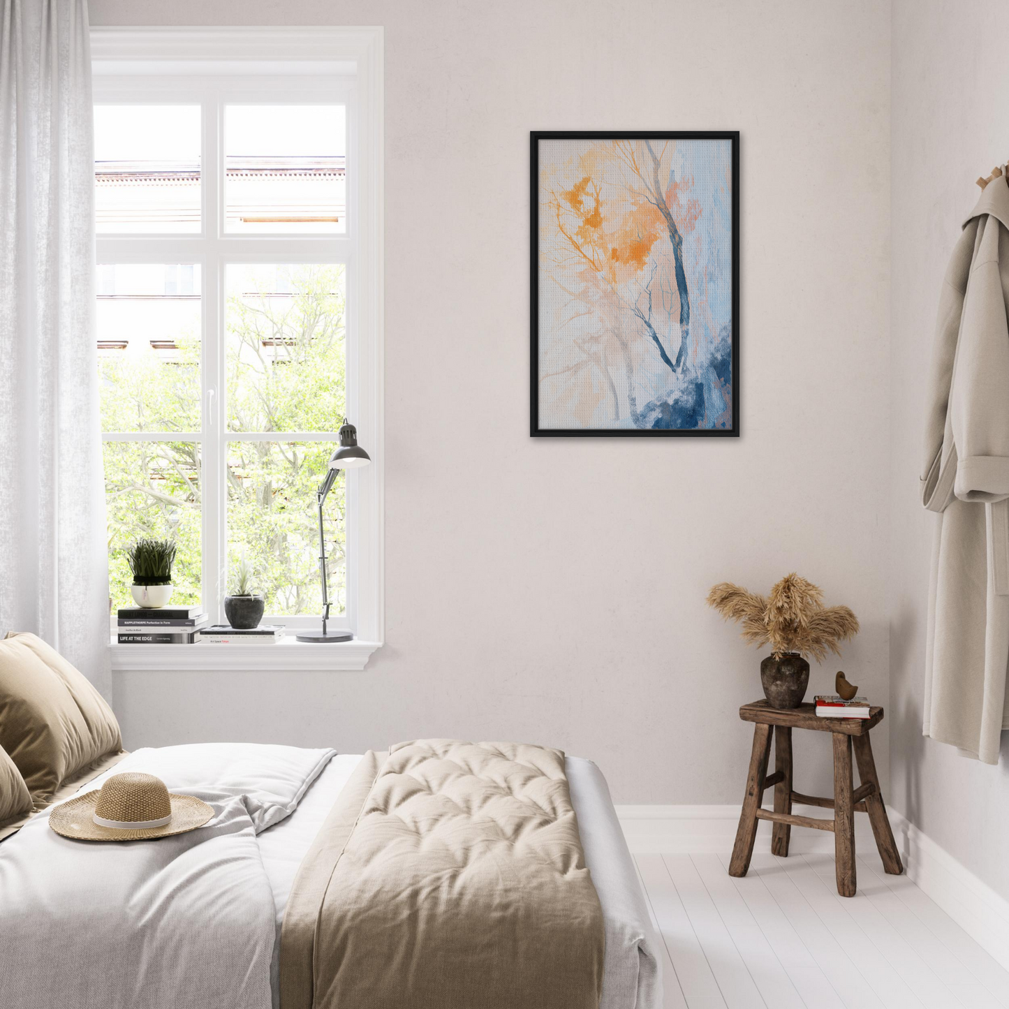 Bright, airy bedroom with white decor and minimalist furnishings from Ephemeral Arboreal Reverie