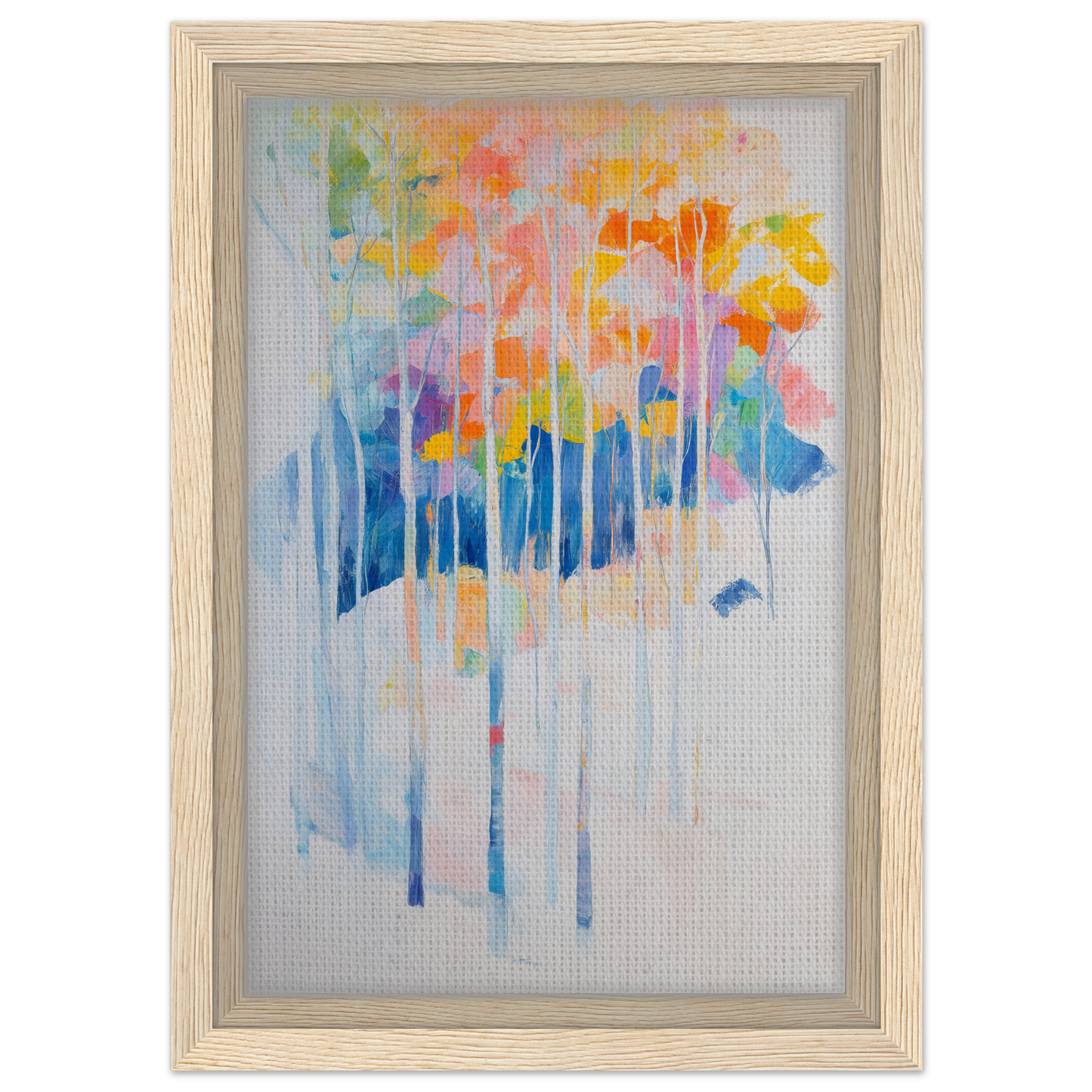 Abstract watercolor depicting colorful tree forms in Ephemeral Forest Whimsy framed canvas print