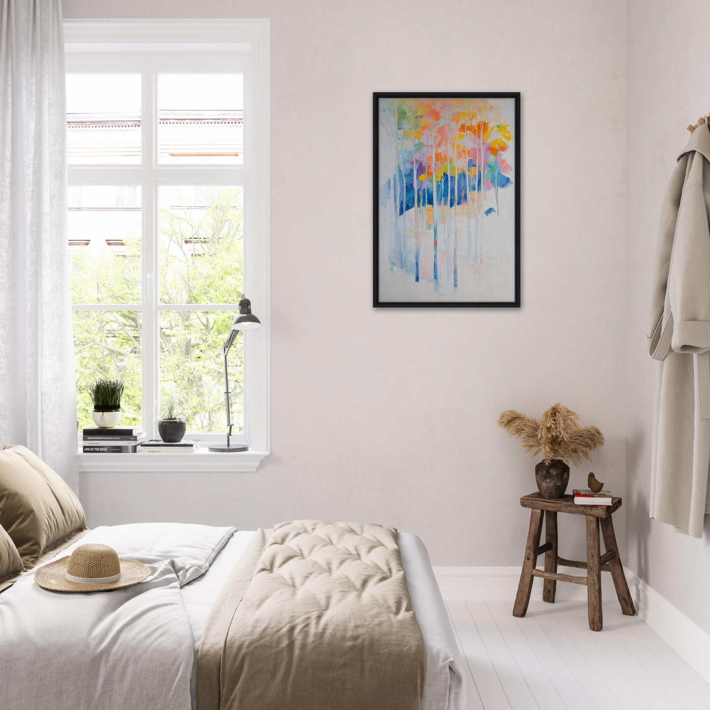 Bright abstract painting in black frame depicting Ephemeral Forest Whimsy, Framed Canvas Print