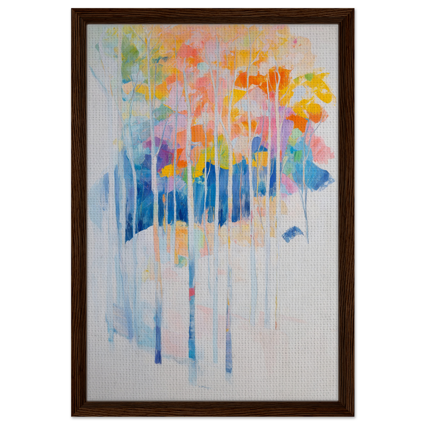 Abstract painting of colorful brushstrokes in a framed canvas print titled Ephemeral Forest Whimsy