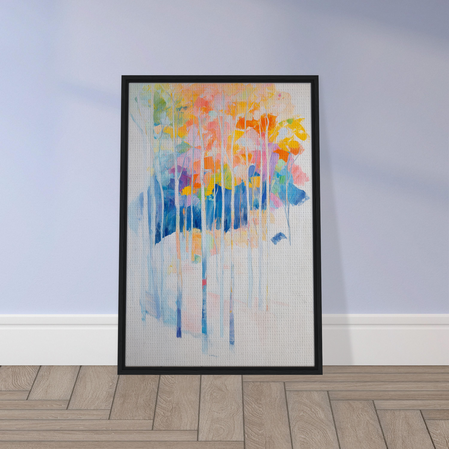 Framed abstract painting of colorful tree-like shapes for Ephemeral Forest Whimsy room decor