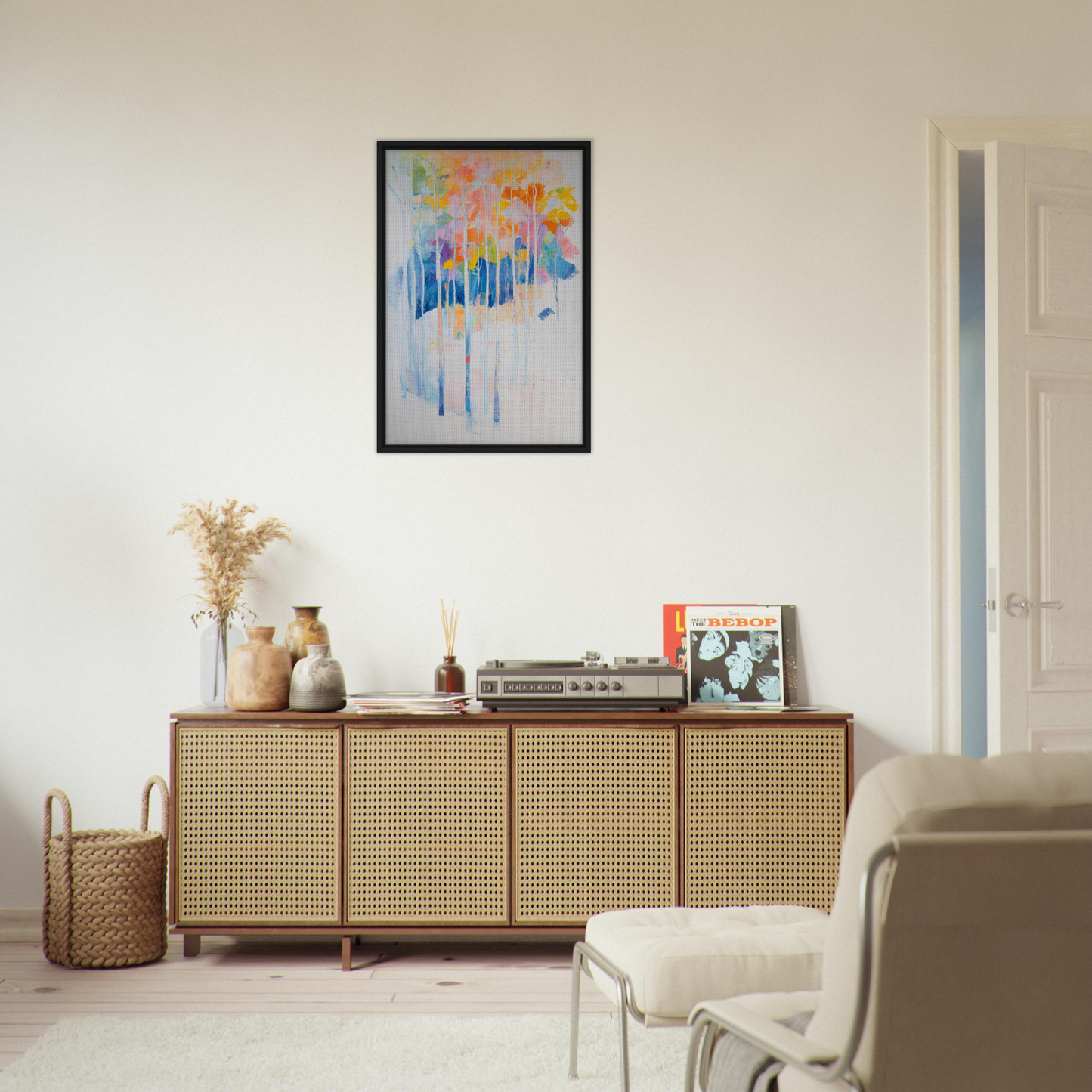 Wooden sideboard with cane-webbed doors, styled as Ephemeral Forest Whimsy room decor