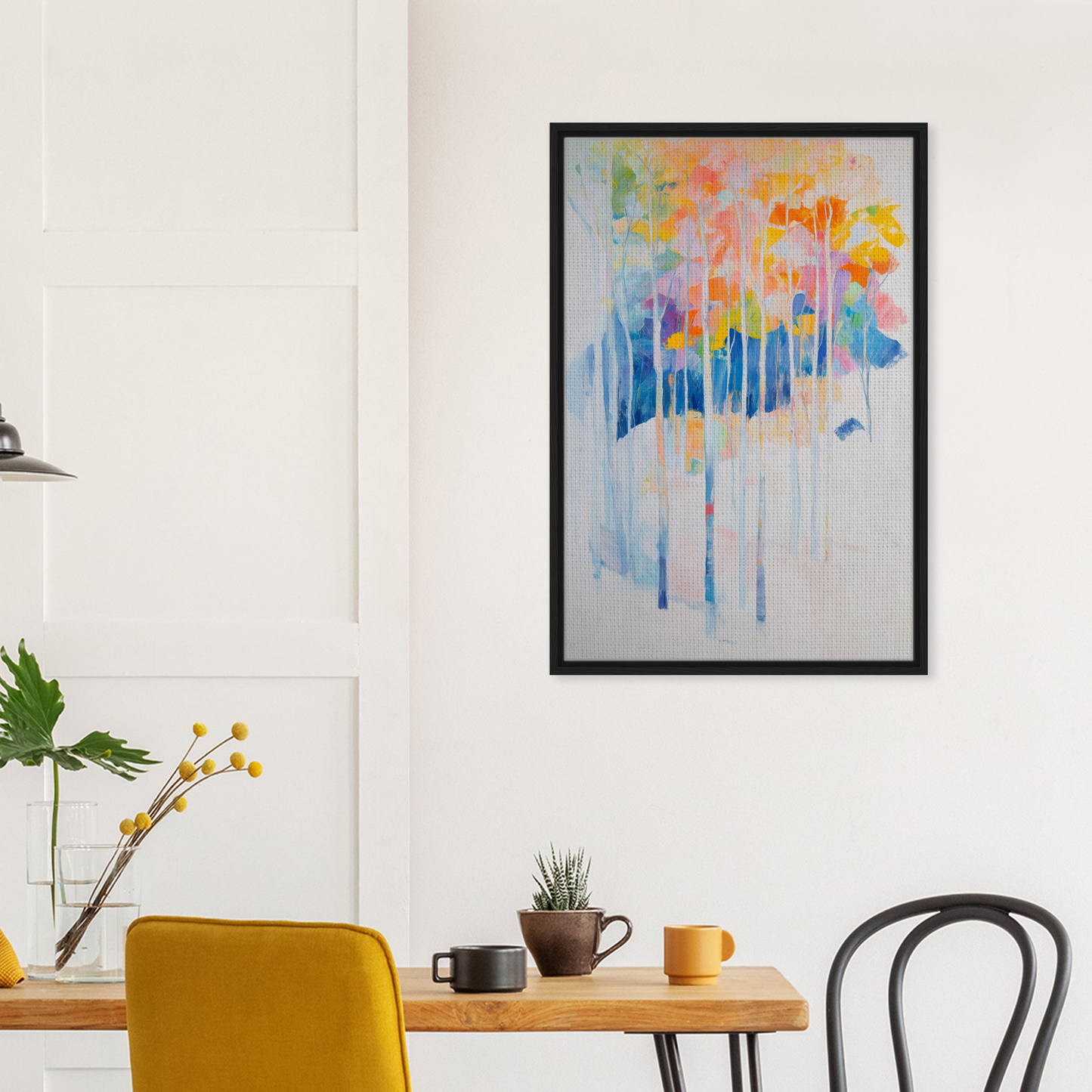 Colorful abstract painting in black frame, showcasing Ephemeral Forest Whimsy design