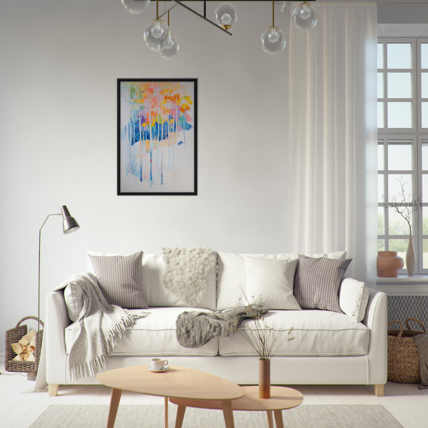 White sofa adorned with throw pillows and blankets from the Ephemeral Forest Whimsy collection