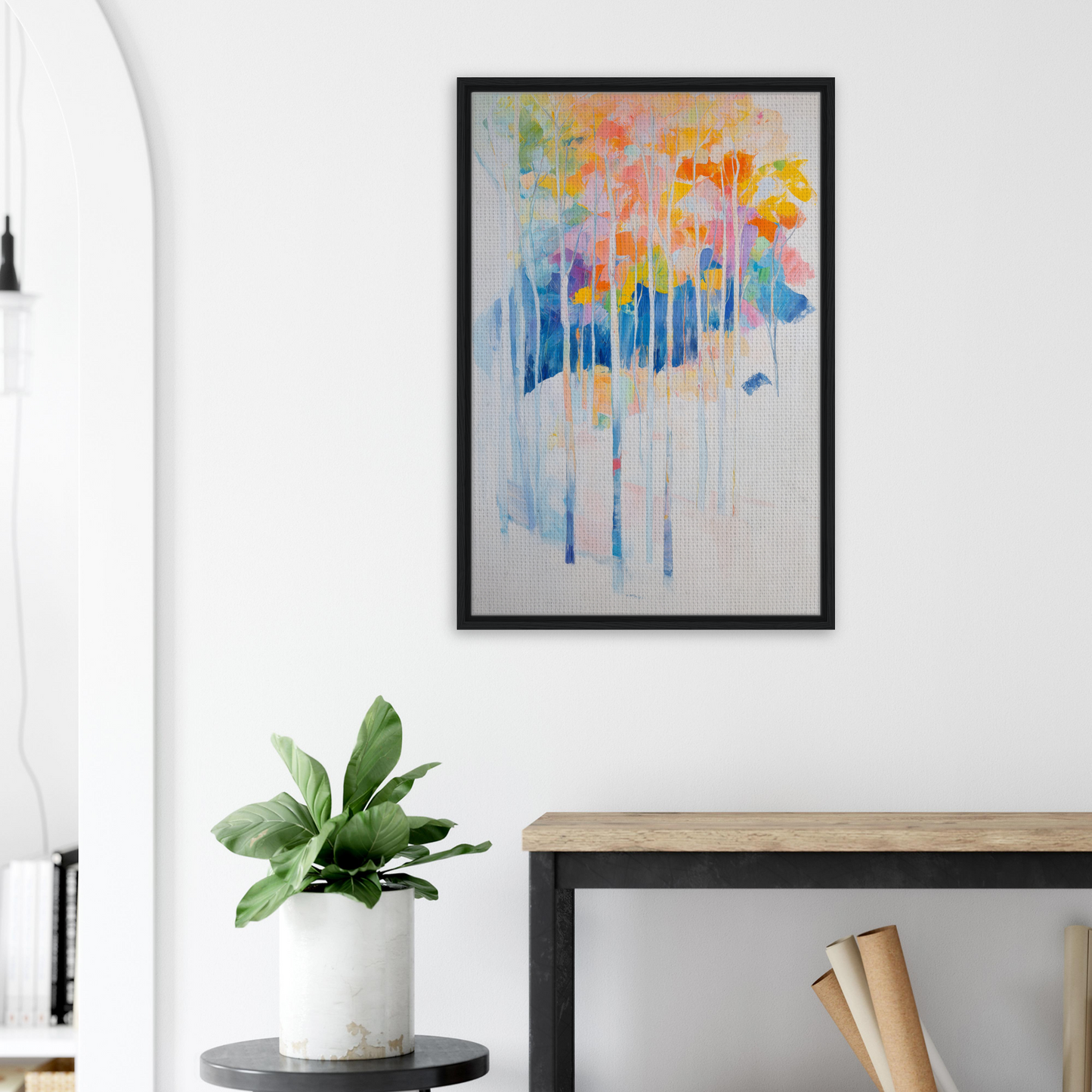 Abstract watercolor painting with colorful drips in a framed canvas print Ephemeral Forest Whimsy