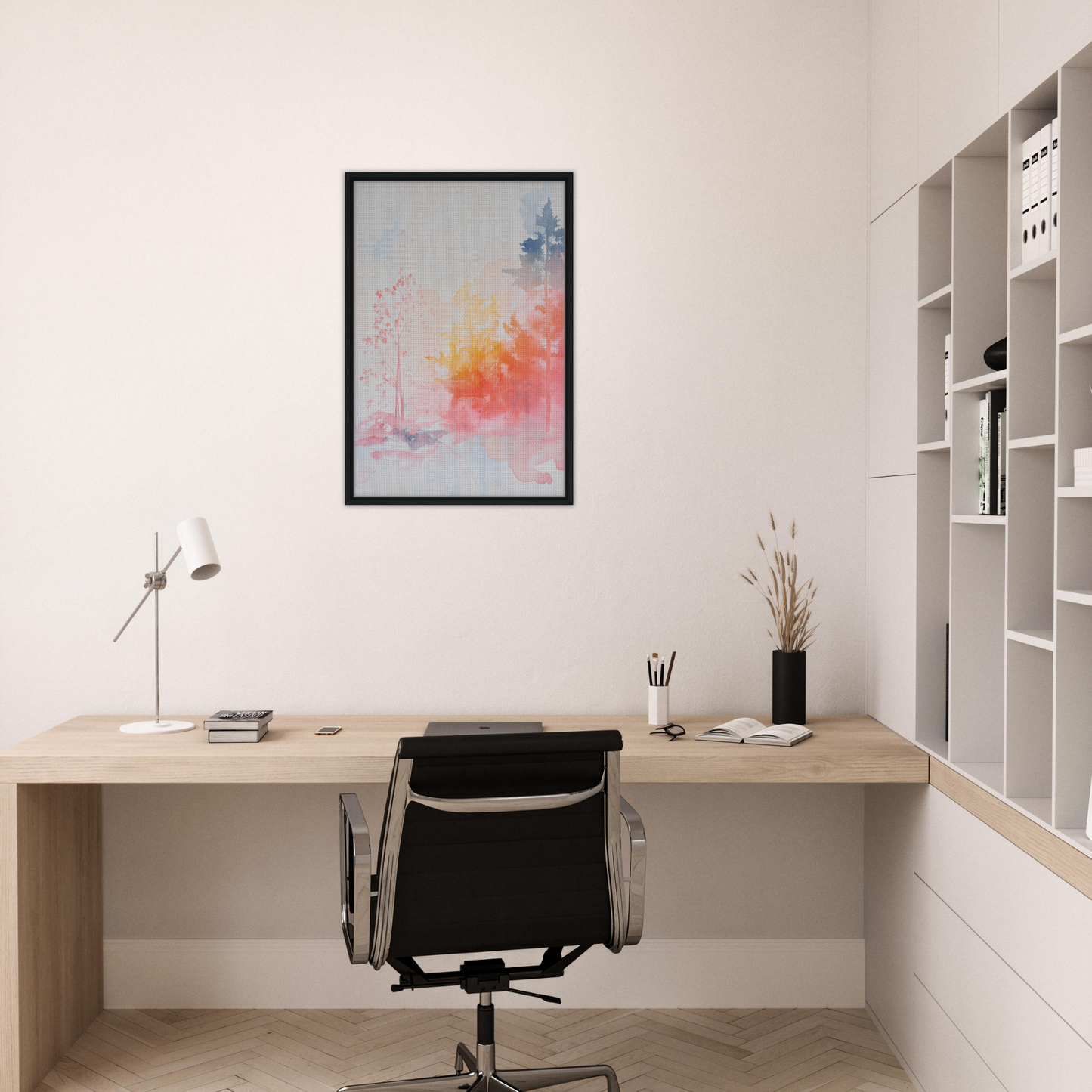 Minimalist home office workspace featuring Ephemeral Radiant Grove framed canvas