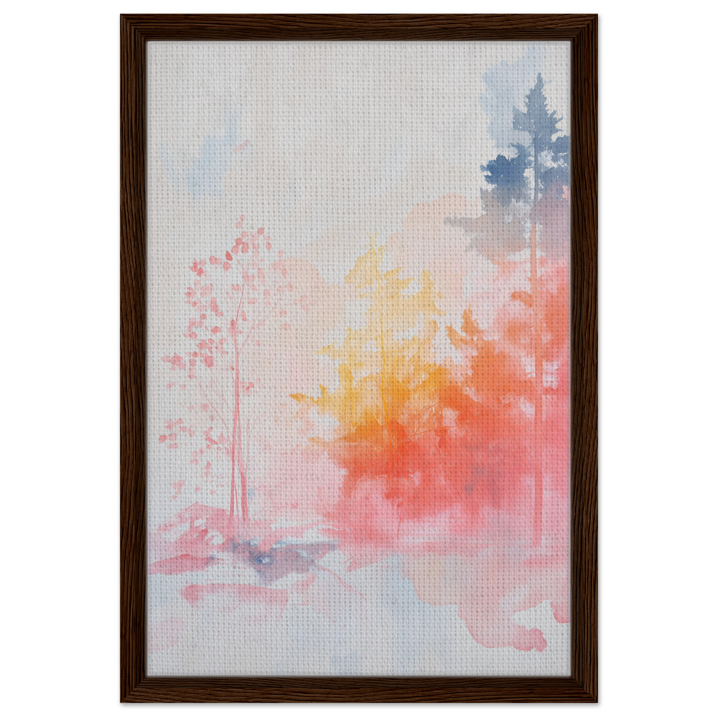 Framed canvas print of Ephemeral Radiant Grove with pastel hues and tree silhouettes