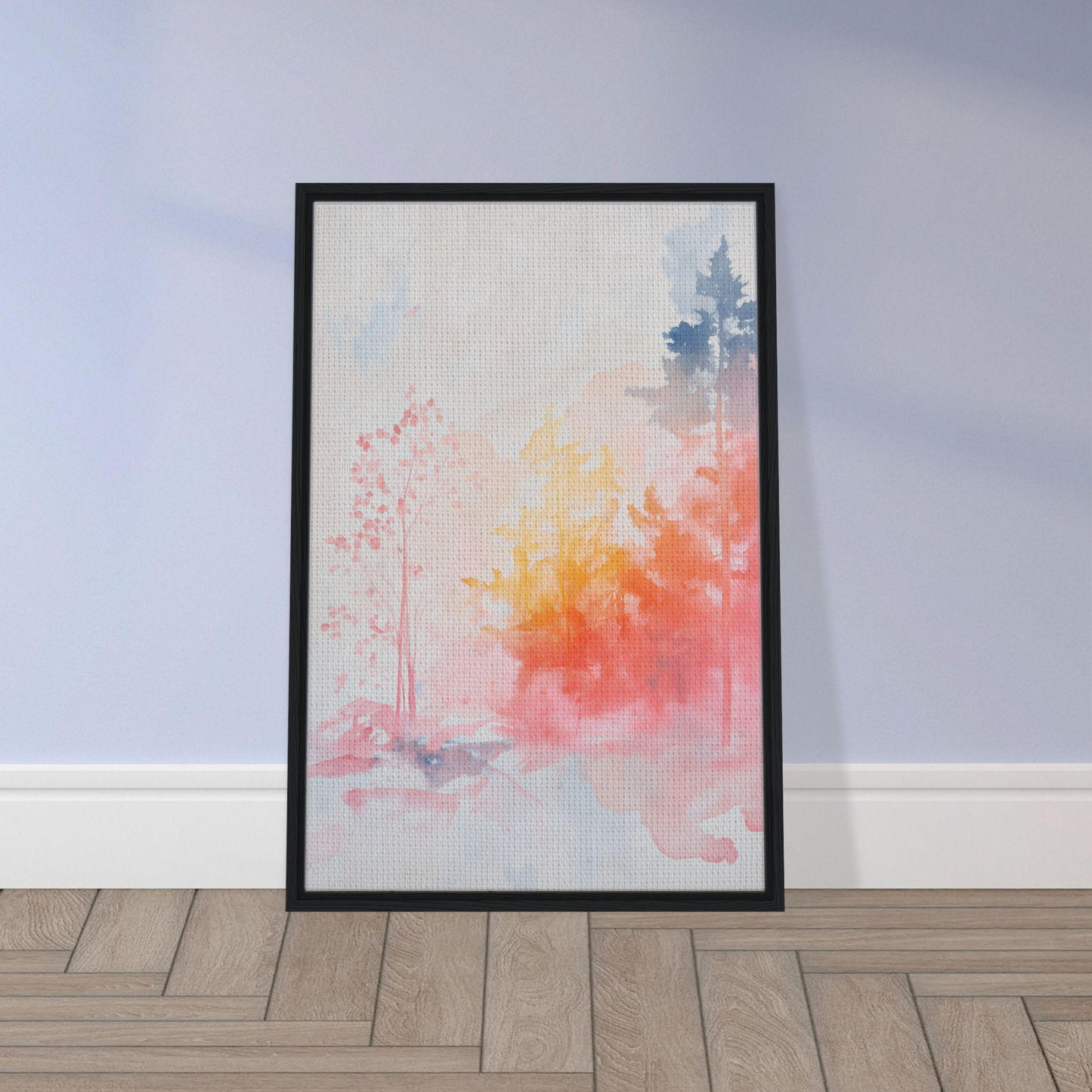 Framed canvas of Ephemeral Radiant Grove featuring soft pink, orange, and blue hues