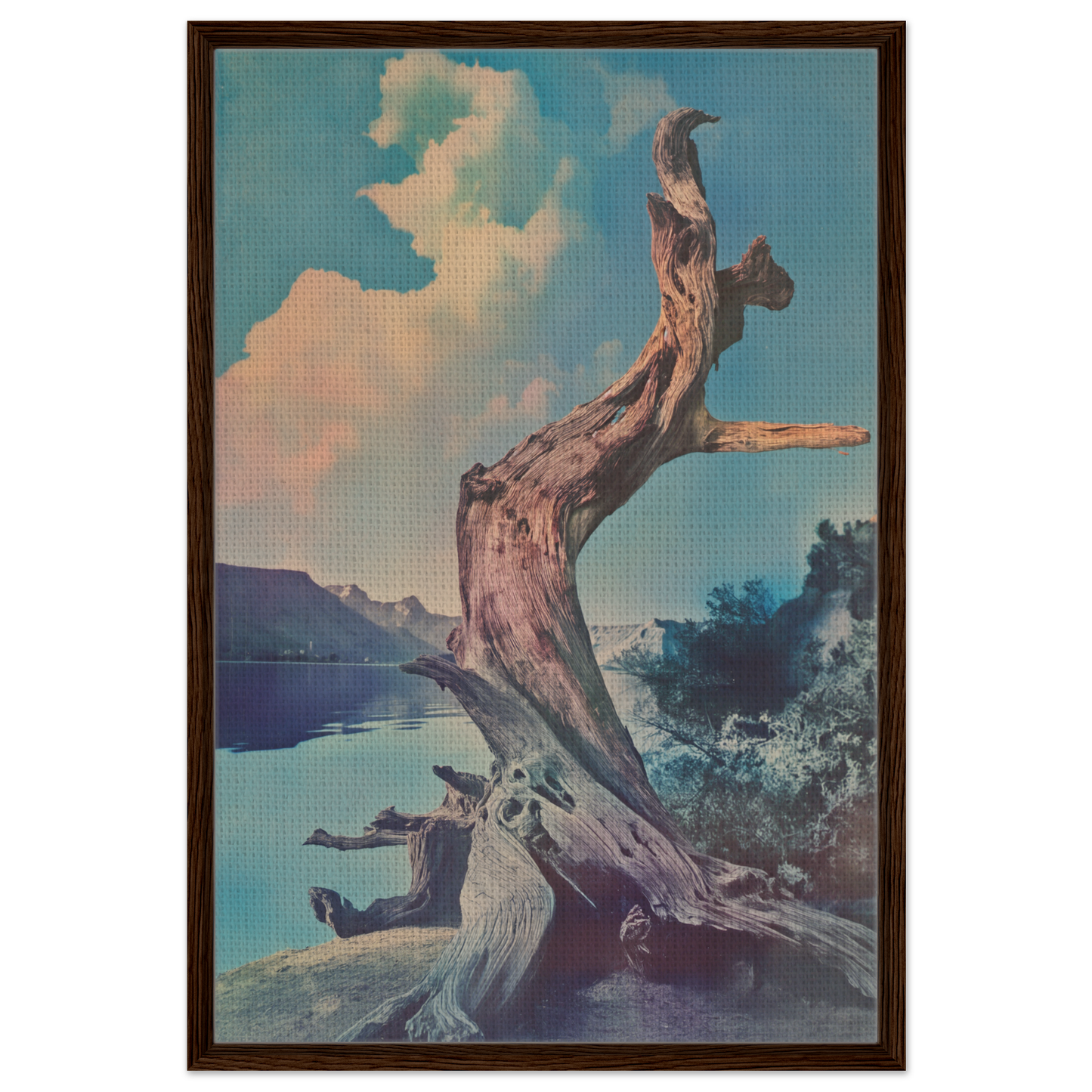 Gnarled tree trunk with bird atop, featured in Eternal Arbor Lore framed canvas print
