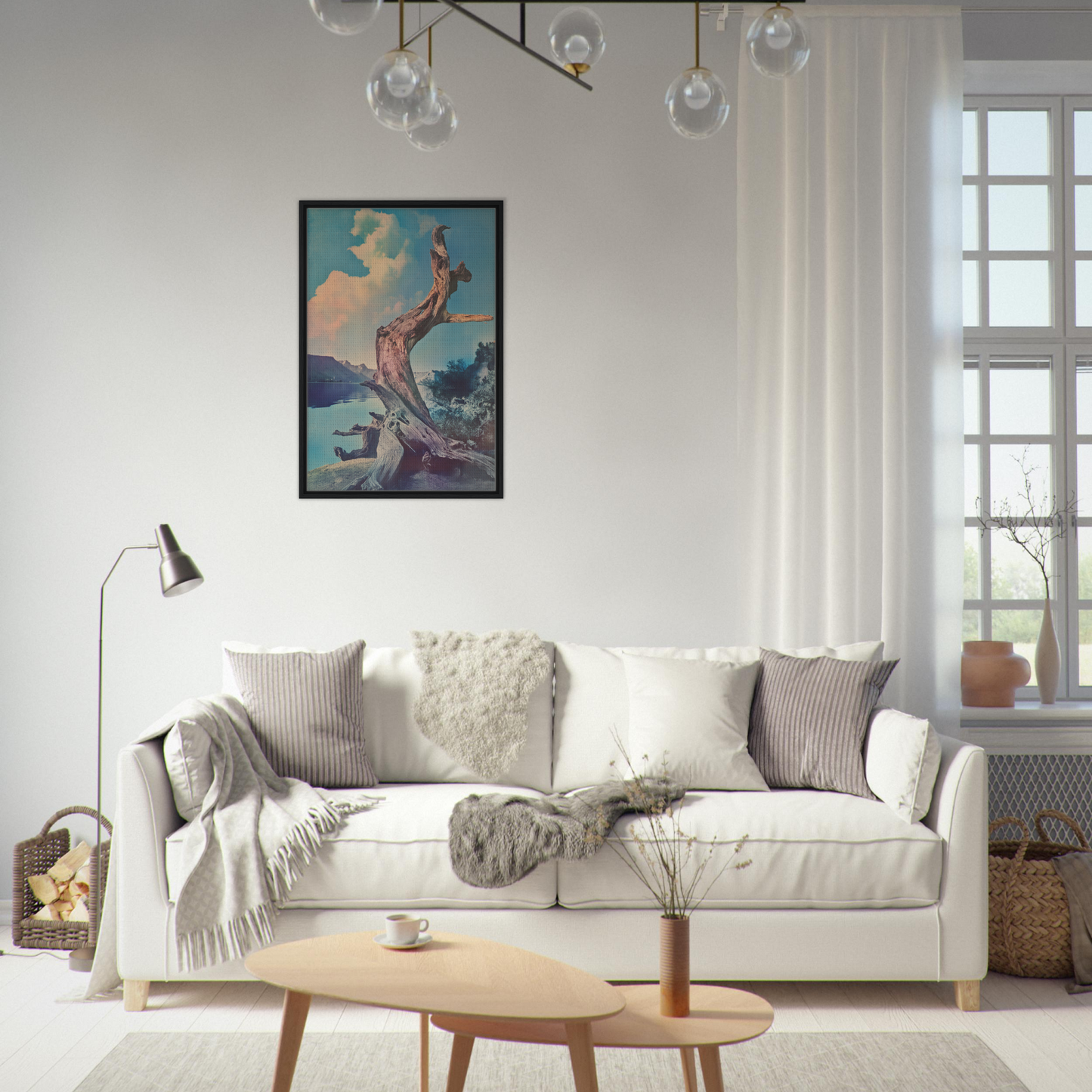 Elegant white sofa with throw pillows and blankets from Eternal Arbor Lore for refined room decor