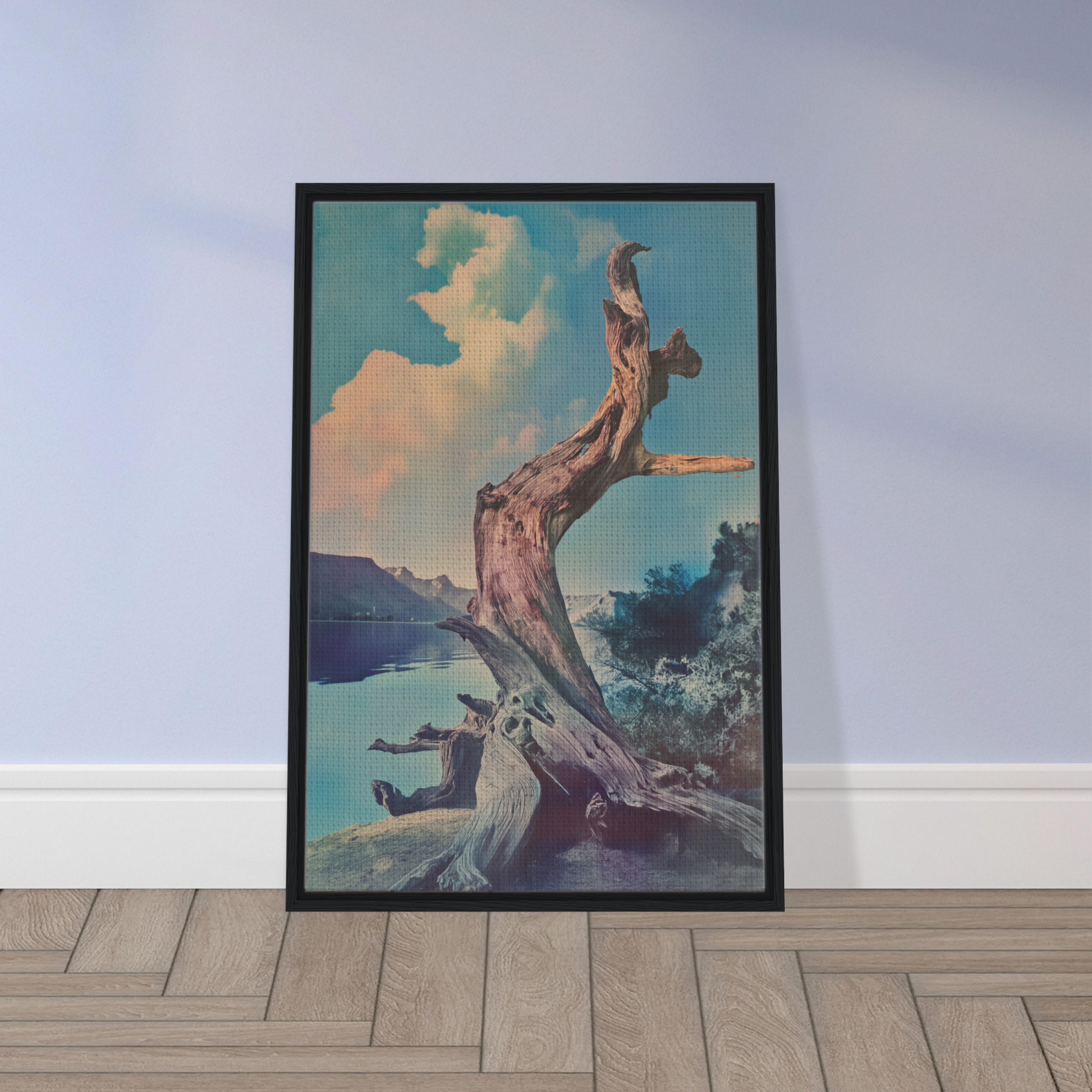 Framed canvas print of Eternal Arbor Lore featuring a gnarled tree trunk and surreal sky