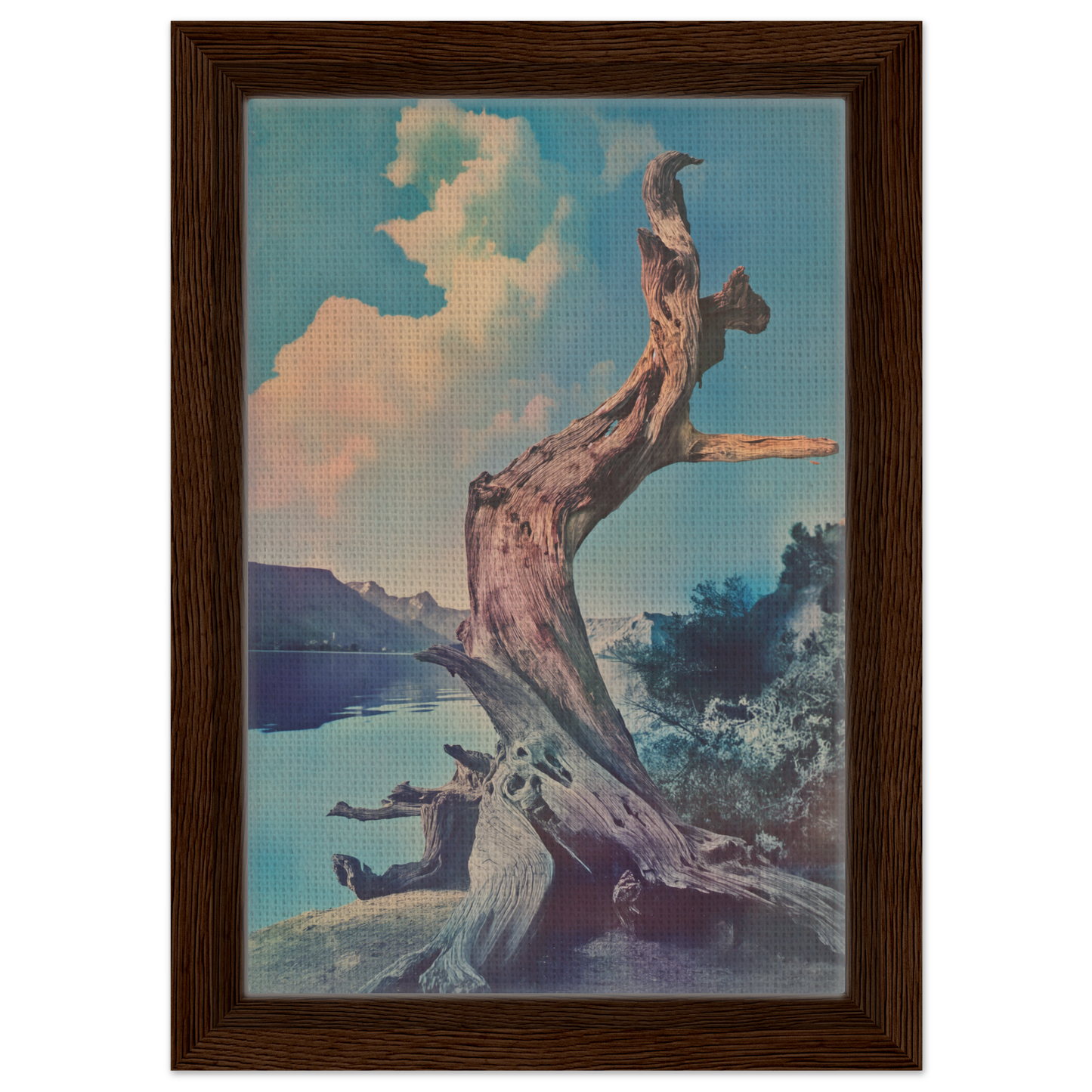 Gnarled tree trunk with bird atop in Eternal Arbor Lore framed canvas print