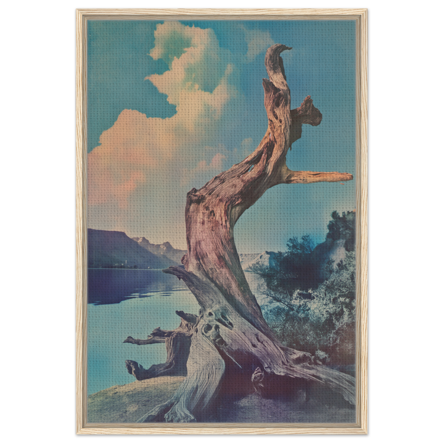 Gnarled tree trunk and branches against a scenic backdrop for Eternal Arbor Lore framed canvas print