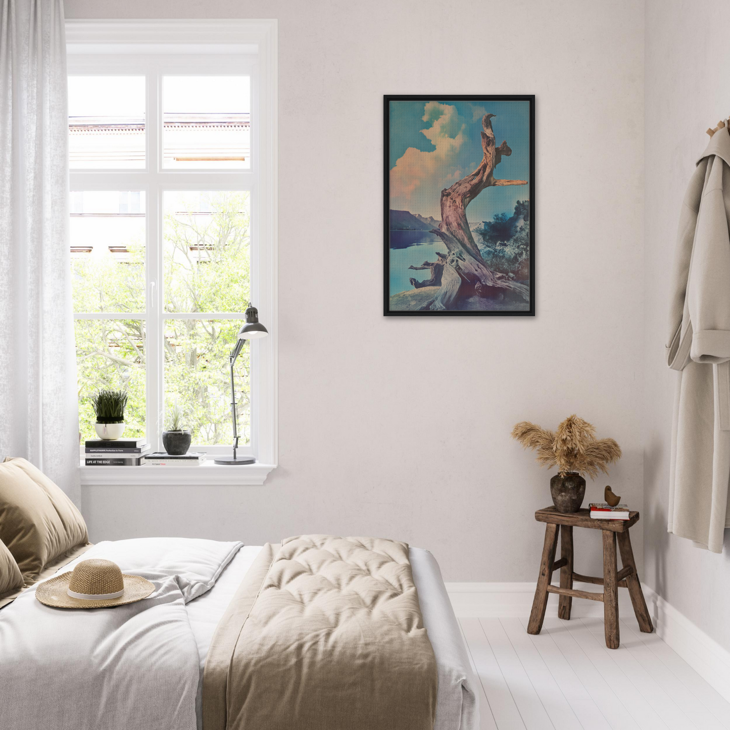 Bright airy bedroom featuring Eternal Arbor Lore with a framed canvas print