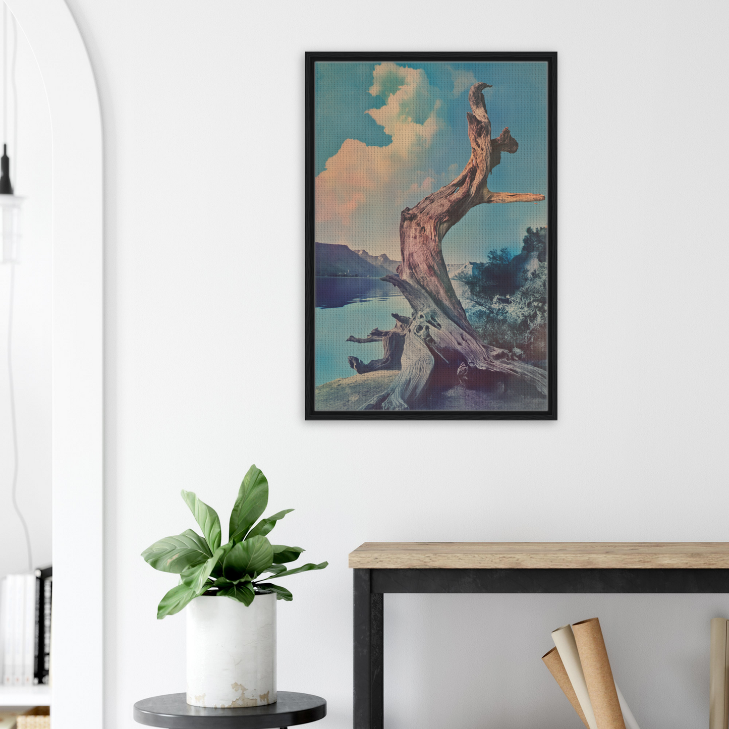 Framed canvas print of Eternal Arbor Lore featuring a twisted tree against a surreal sky