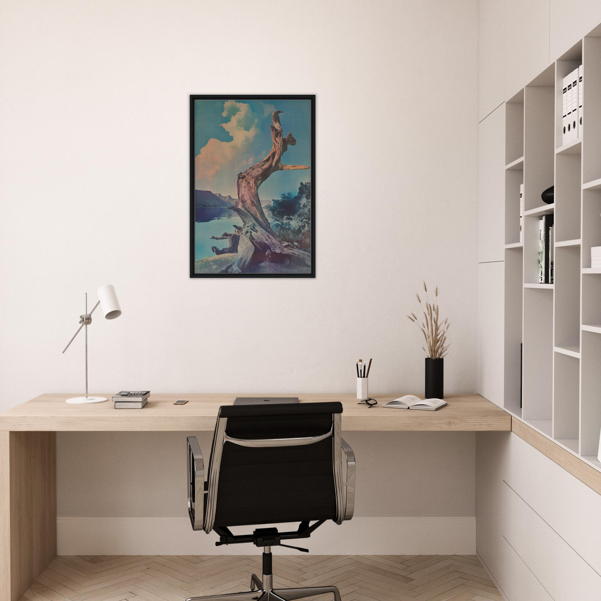 Minimalist home office featuring Eternal Arbor Lore framed canvas print on the wall