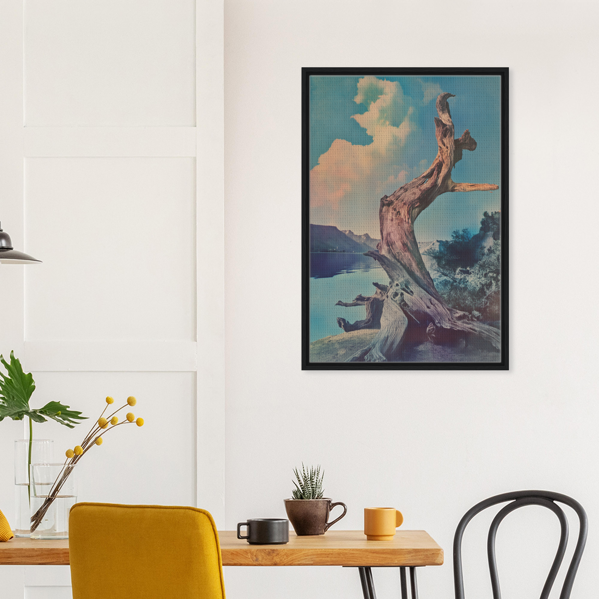 Framed artwork of gnarled tree trunk with coastal scenery for Eternal Arbor Lore room decor