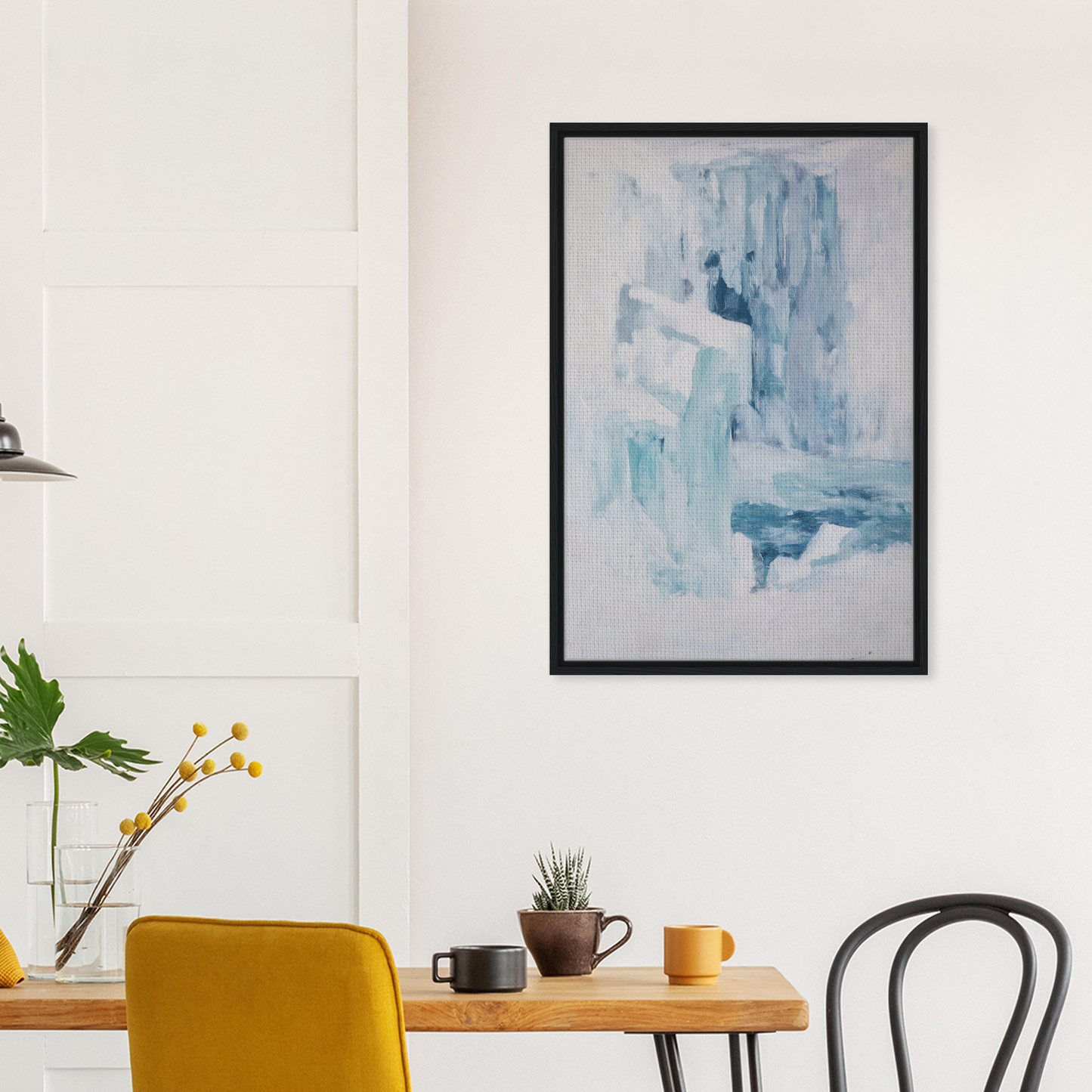 Abstract painting titled Eternal Blue Whispers featuring soft blue and white tones in a frame