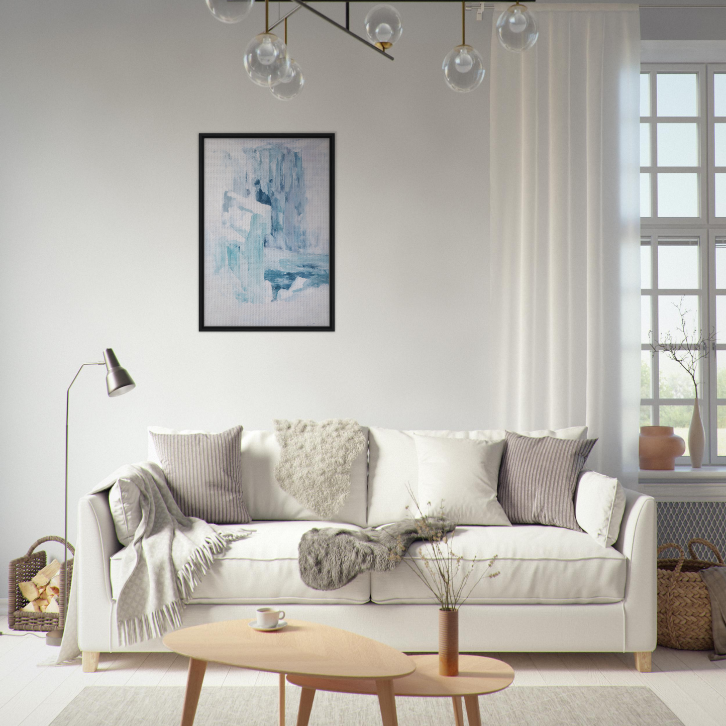 White sofa with throw pillows and blankets from Eternal Blue Whispers collection