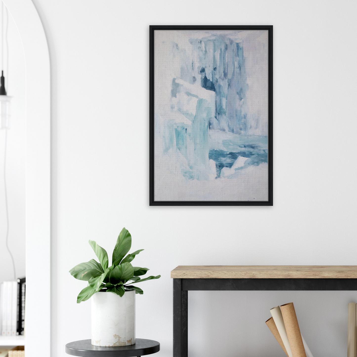 Abstract painting titled Eternal Blue Whispers in soft blue and white, ideal for room decor
