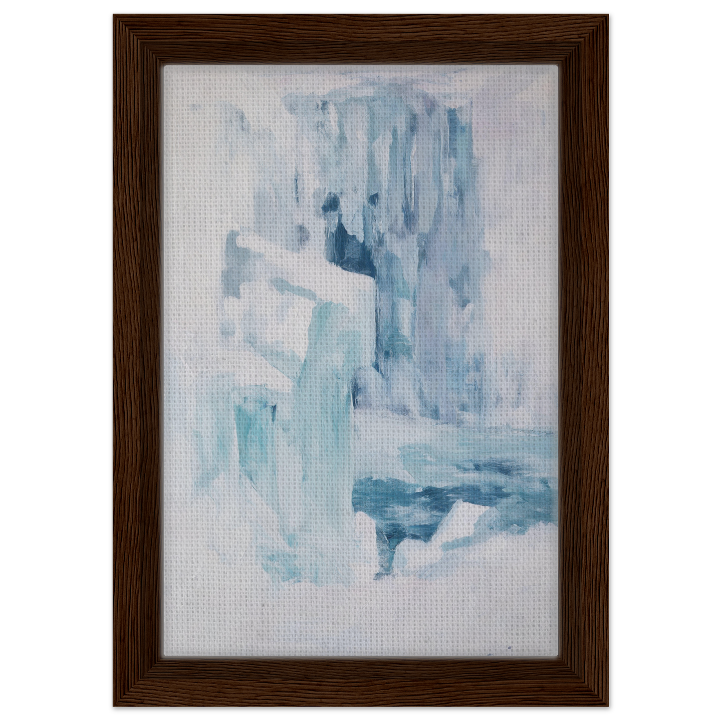 Abstract painting in wooden frame featuring soft blue and white brushstrokes for Eternal Blue Whispers room decor