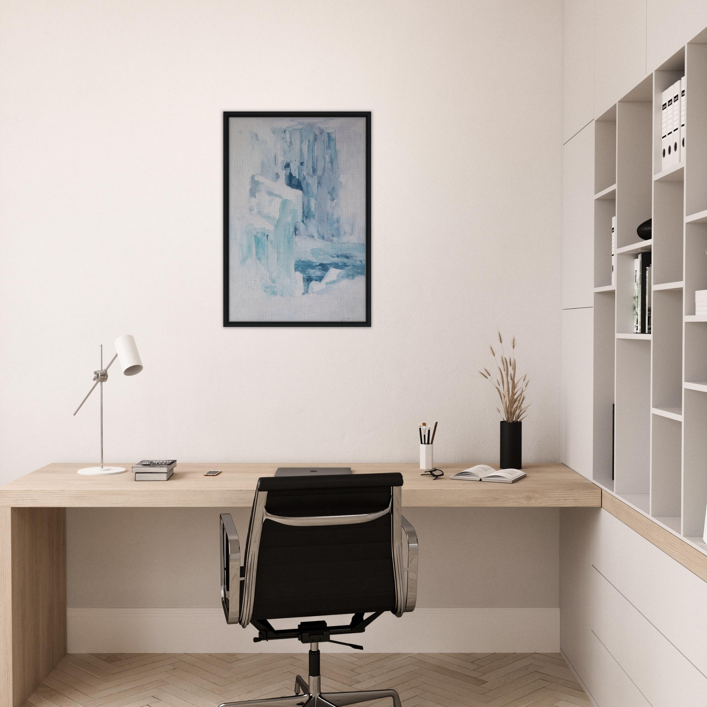 Minimalist wooden desk with black chair in Eternal Blue Whispers home office decor